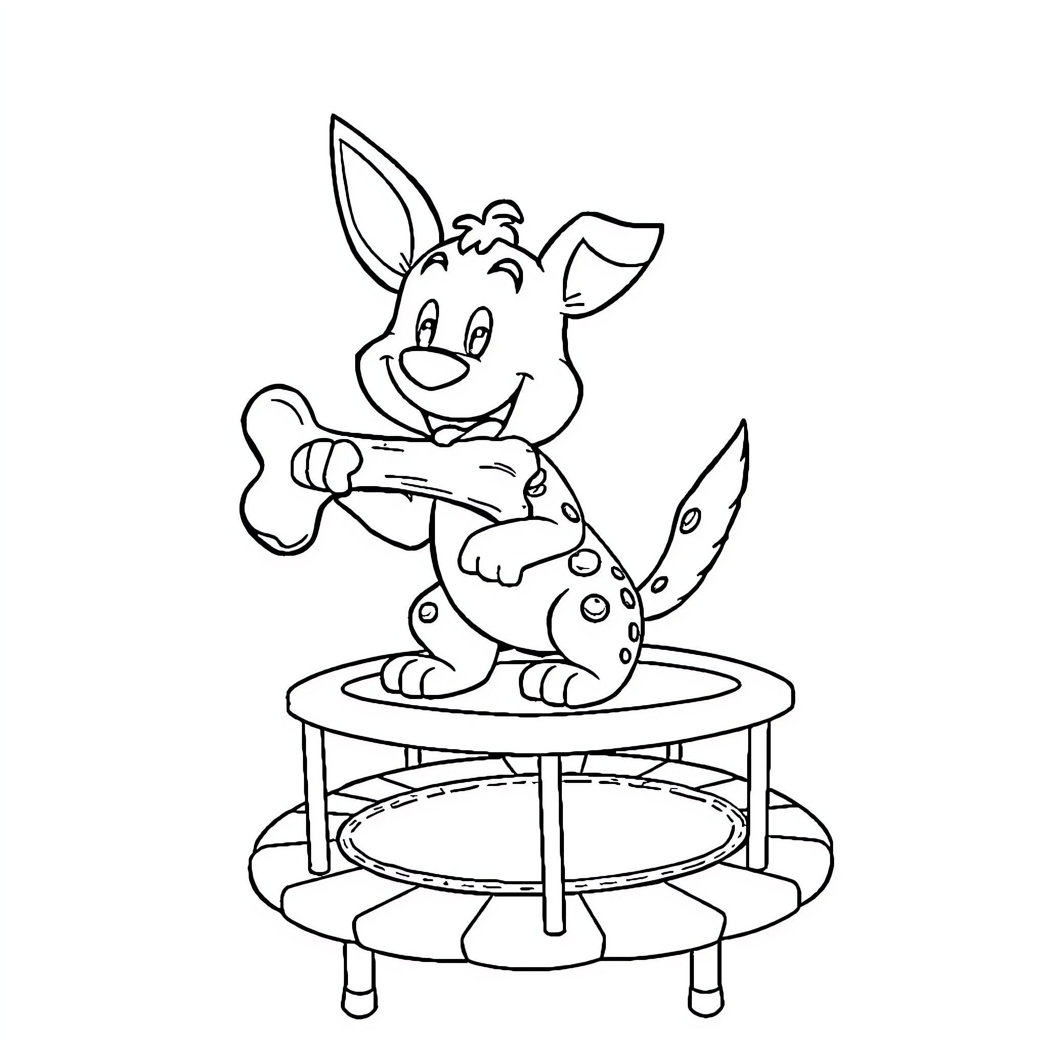 Idéfix playing happily with a bone on a platform Coloring Page (free black-and-white line drawing printable PDF for all, from beginners to advanced learners, including children, teens, adults, and seniors)