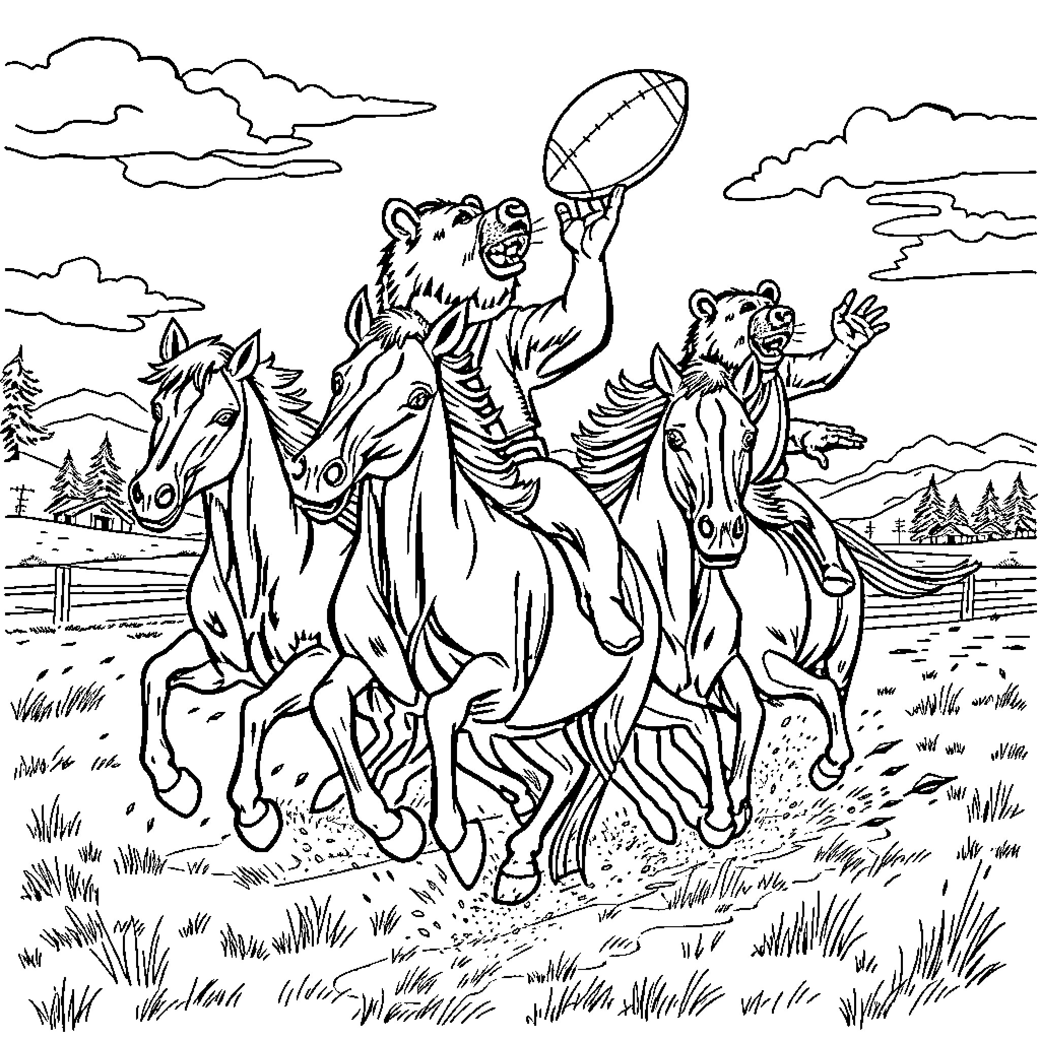 Horse-drawn carriage with animal passengers Coloring Page (free black-and-white line drawing printable PDF for all, from beginners to advanced learners, including children, teens, adults, and seniors)