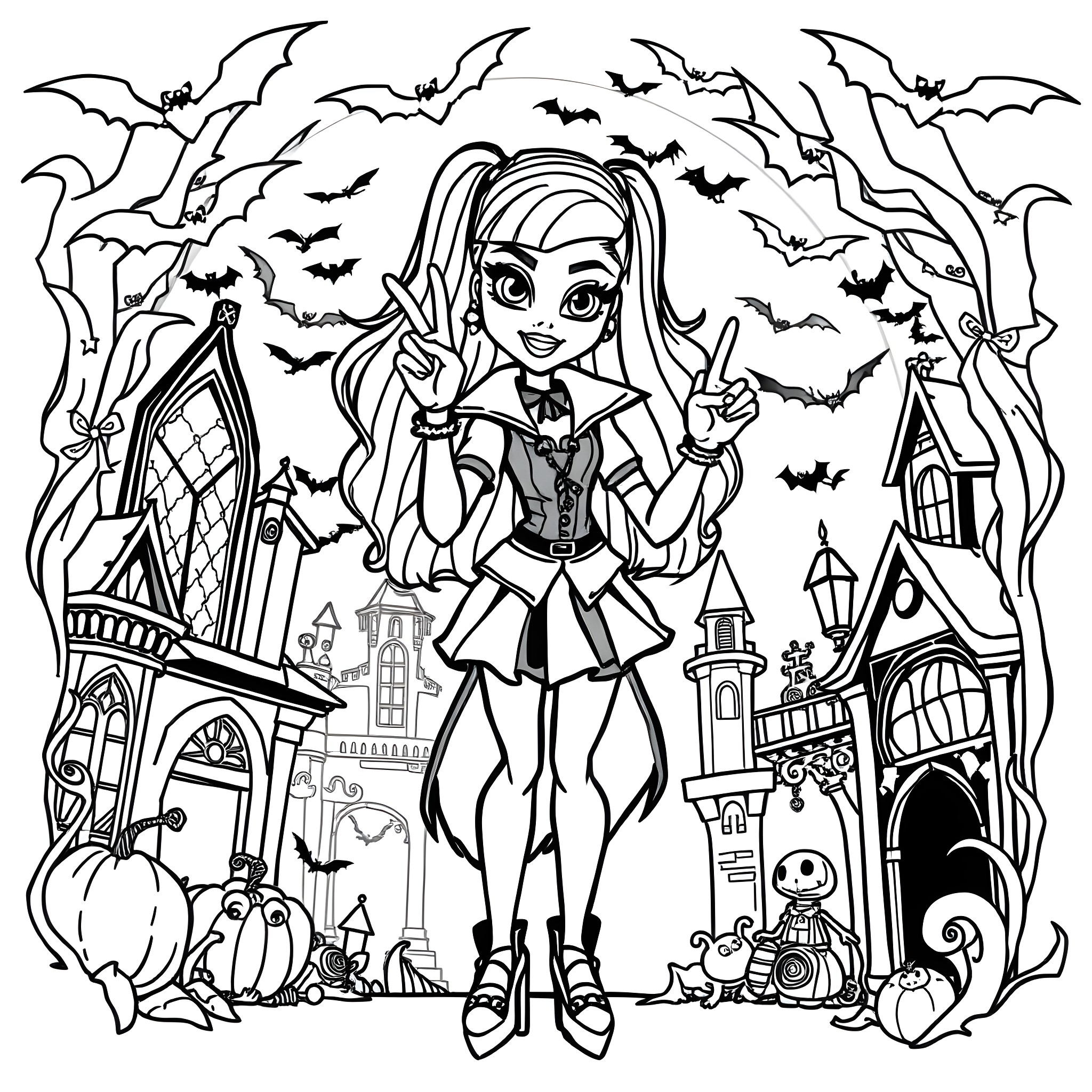 Draculaura Celebrates Halloween in a Spooky Town Coloring Page (free black-and-white line drawing printable PDF for all, from beginners to advanced learners, including children, teens, adults, and seniors)