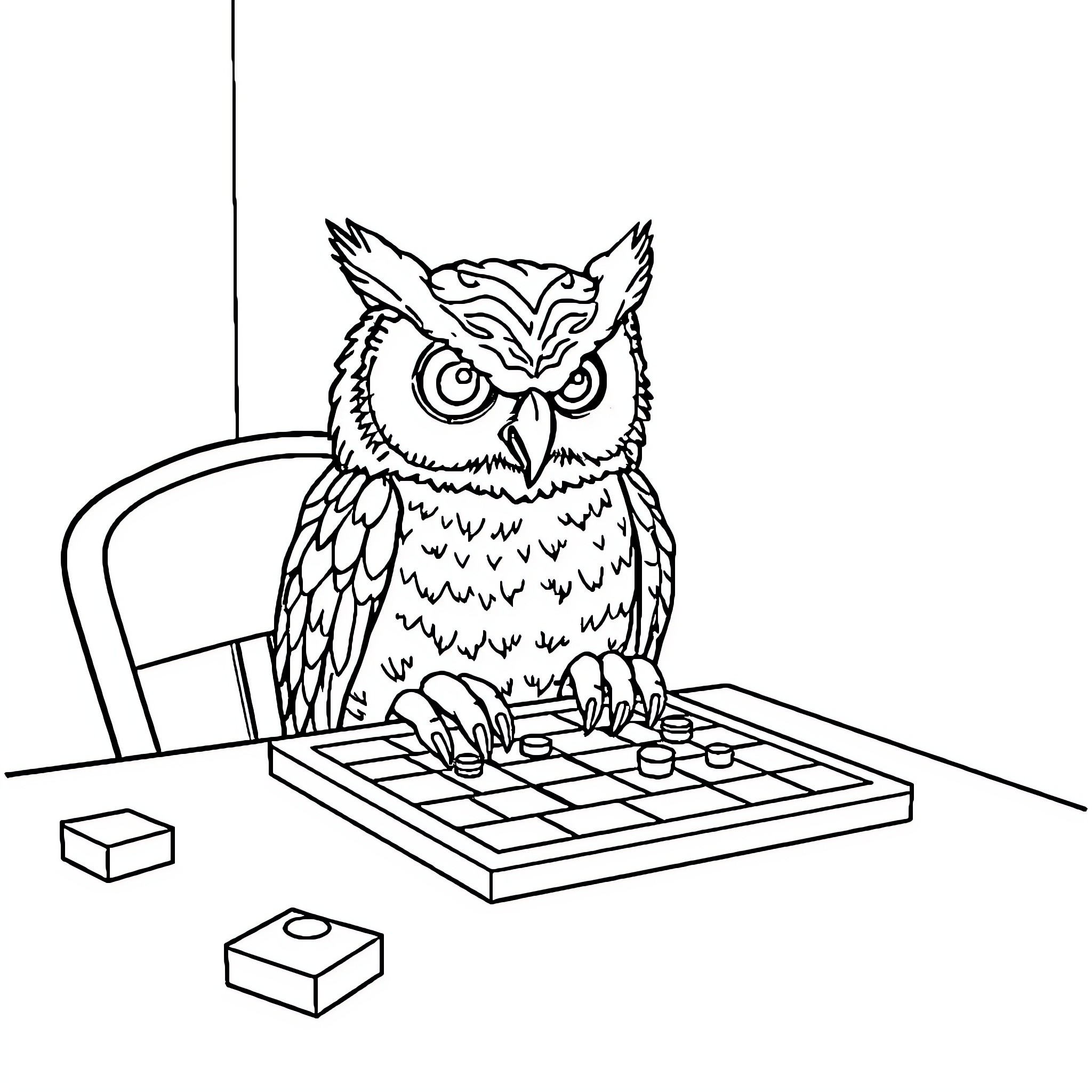 Owl playing on a chessboard Coloring Page (free black-and-white line drawing printable PDF for all, from beginners to advanced learners, including children, teens, adults, and seniors)