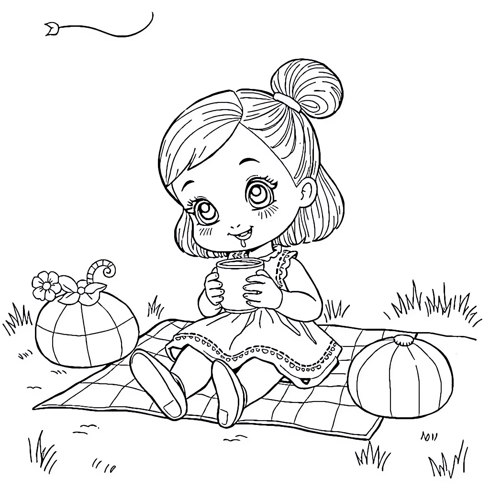 Doll playing with toys in the park Coloring Page (free black-and-white line drawing printable PDF for all, from beginners to advanced learners, including children, teens, adults, and seniors)