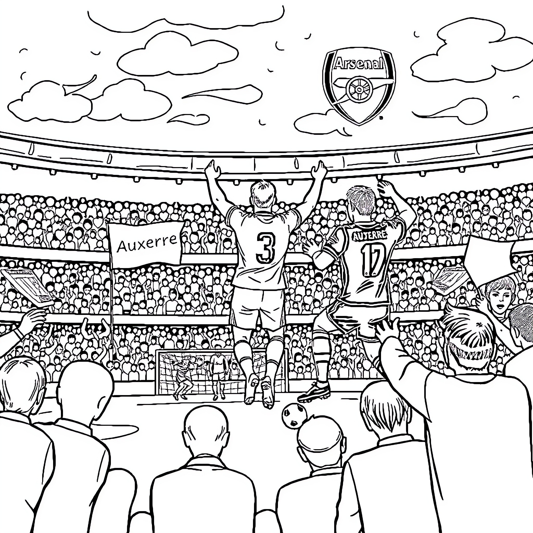 Football players in action on the pitch Coloring Page (free black-and-white line drawing printable PDF for all, from beginners to advanced learners, including children, teens, adults, and seniors)