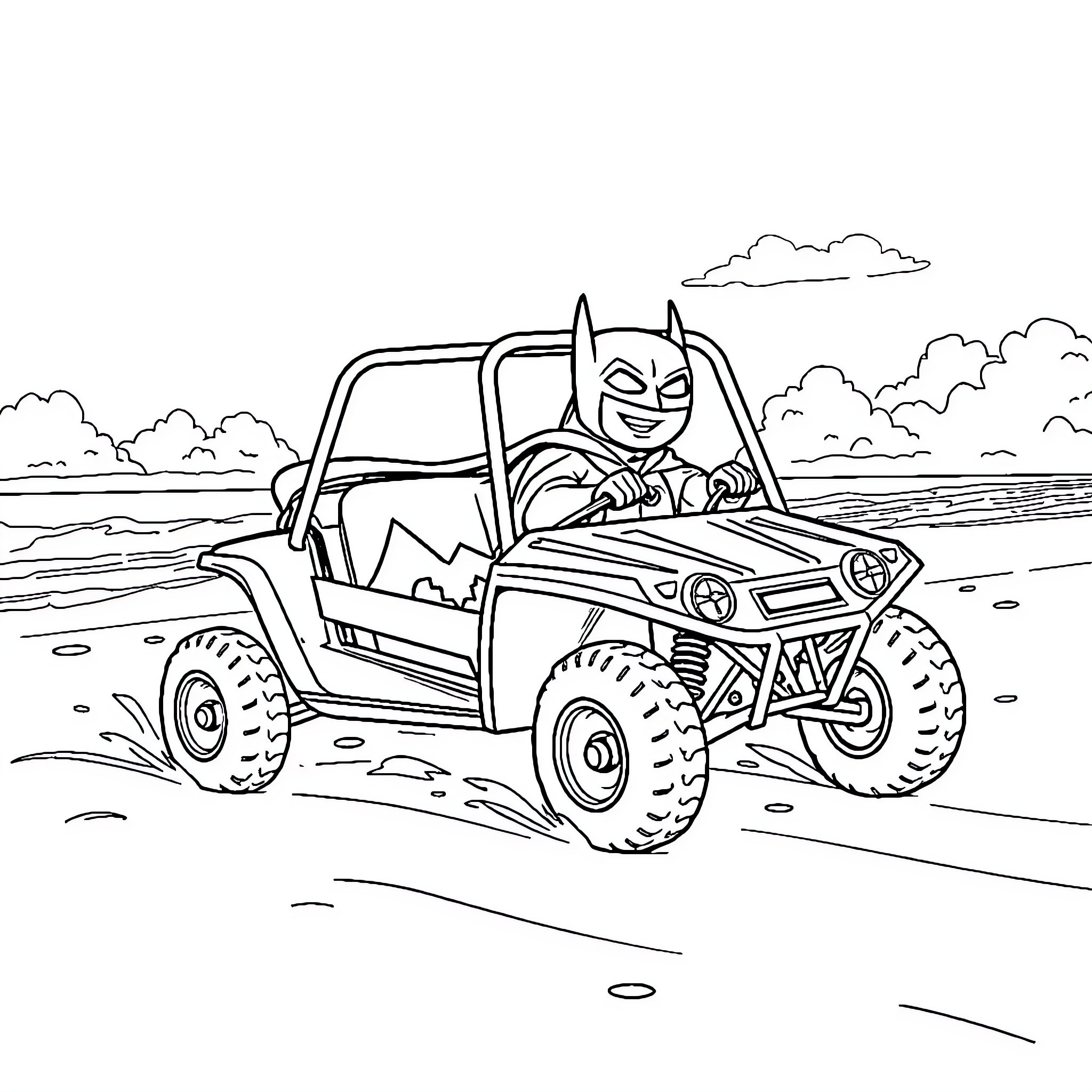 Batman driving rugged off-road vehicle through the desert Coloring Page (free black-and-white line drawing printable PDF for all, from beginners to advanced learners, including children, teens, adults, and seniors)