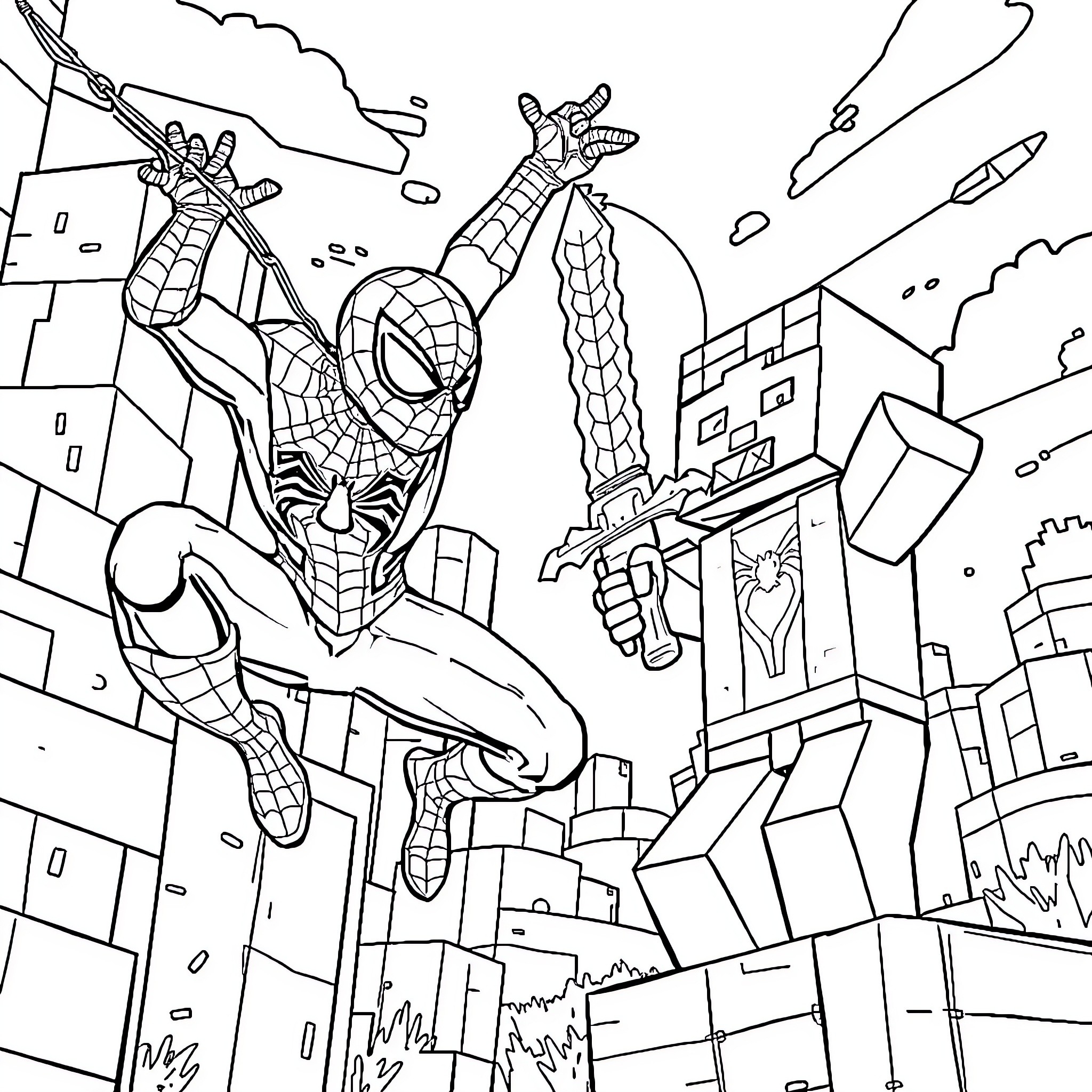 Spider-Man Swinging Through the City Coloring Page (free black-and-white line drawing printable PDF for all, from beginners to advanced learners, including children, teens, adults, and seniors)