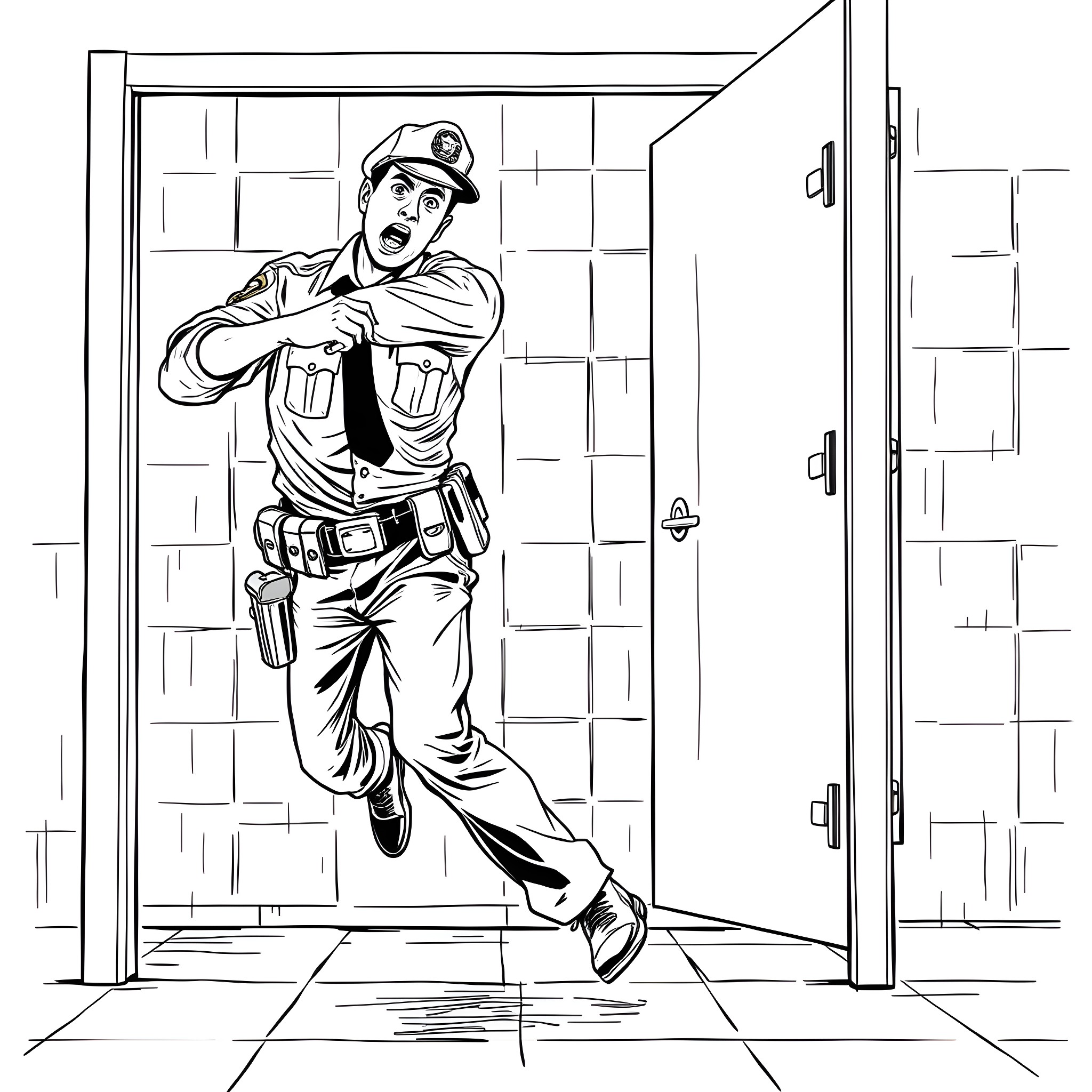 Police Officer Rushing into Action Coloring Page (free black-and-white line drawing printable PDF for all, from beginners to advanced learners, including children, teens, adults, and seniors)
