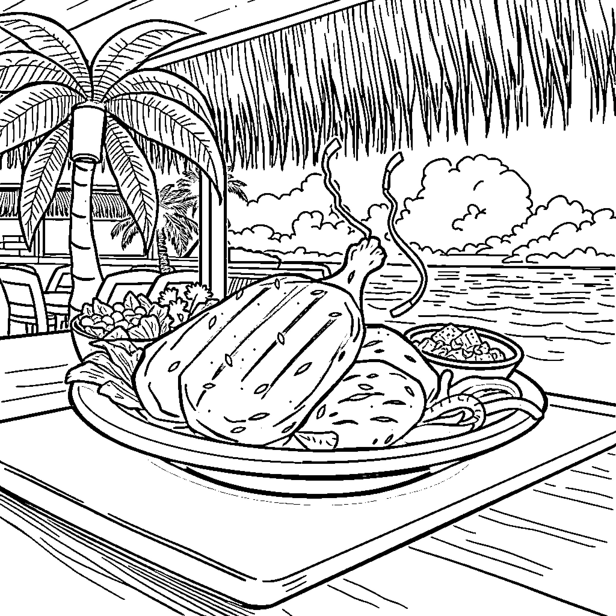 Grill Serving Delicious Tropical Feast on Beach Coloring Page (free black-and-white line drawing printable PDF for all, from beginners to advanced learners, including children, teens, adults, and seniors)