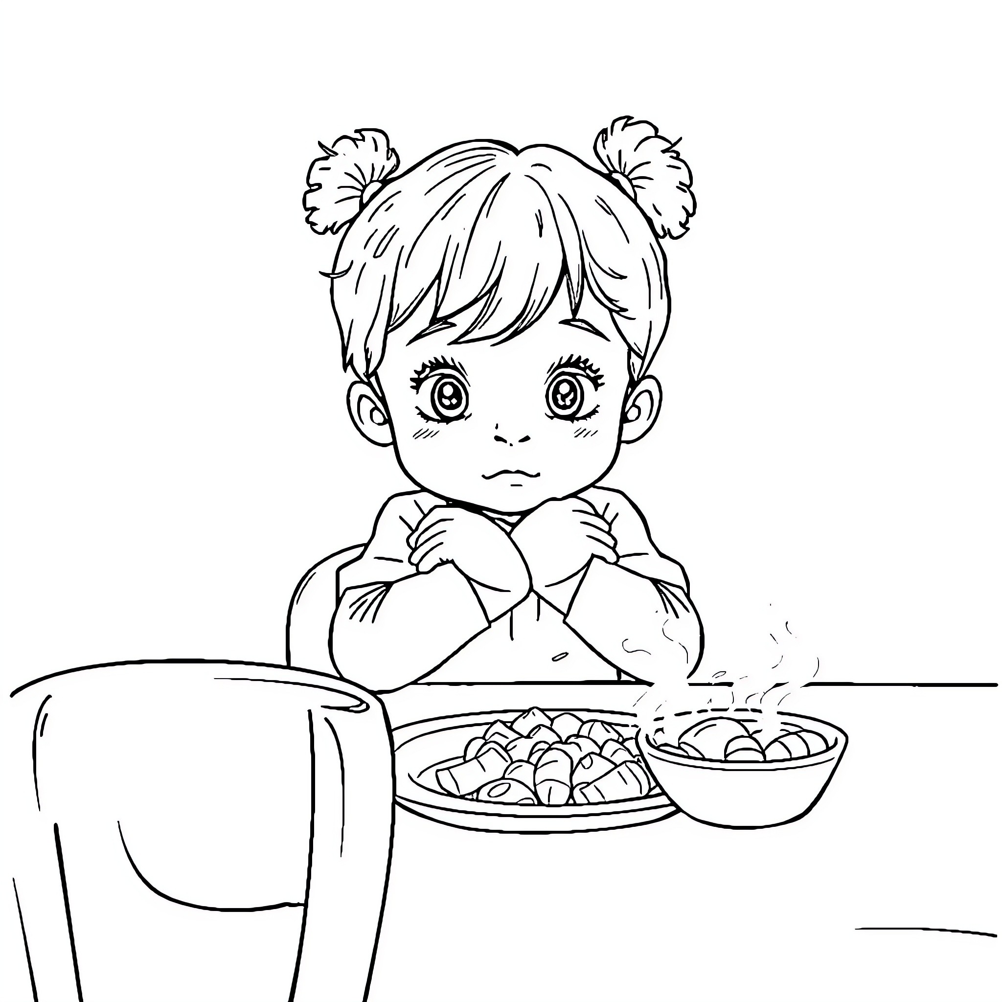 Fille enjoying a hearty meal Coloring Page (free black-and-white line drawing printable PDF for all, from beginners to advanced learners, including children, teens, adults, and seniors)