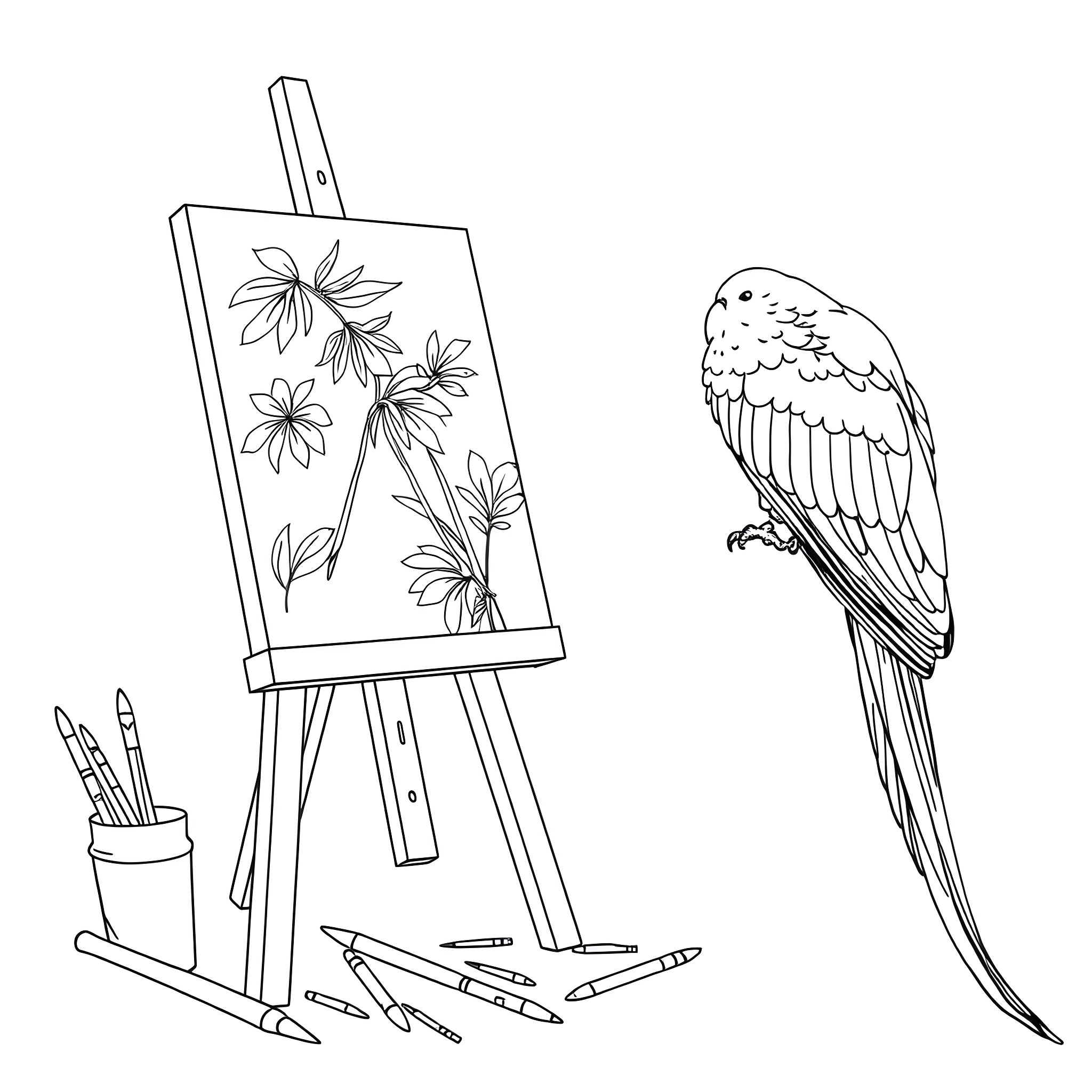 Parrot observing an artistic painting on an easel Coloring Page (free black-and-white line drawing printable PDF for all, from beginners to advanced learners, including children, teens, adults, and seniors)