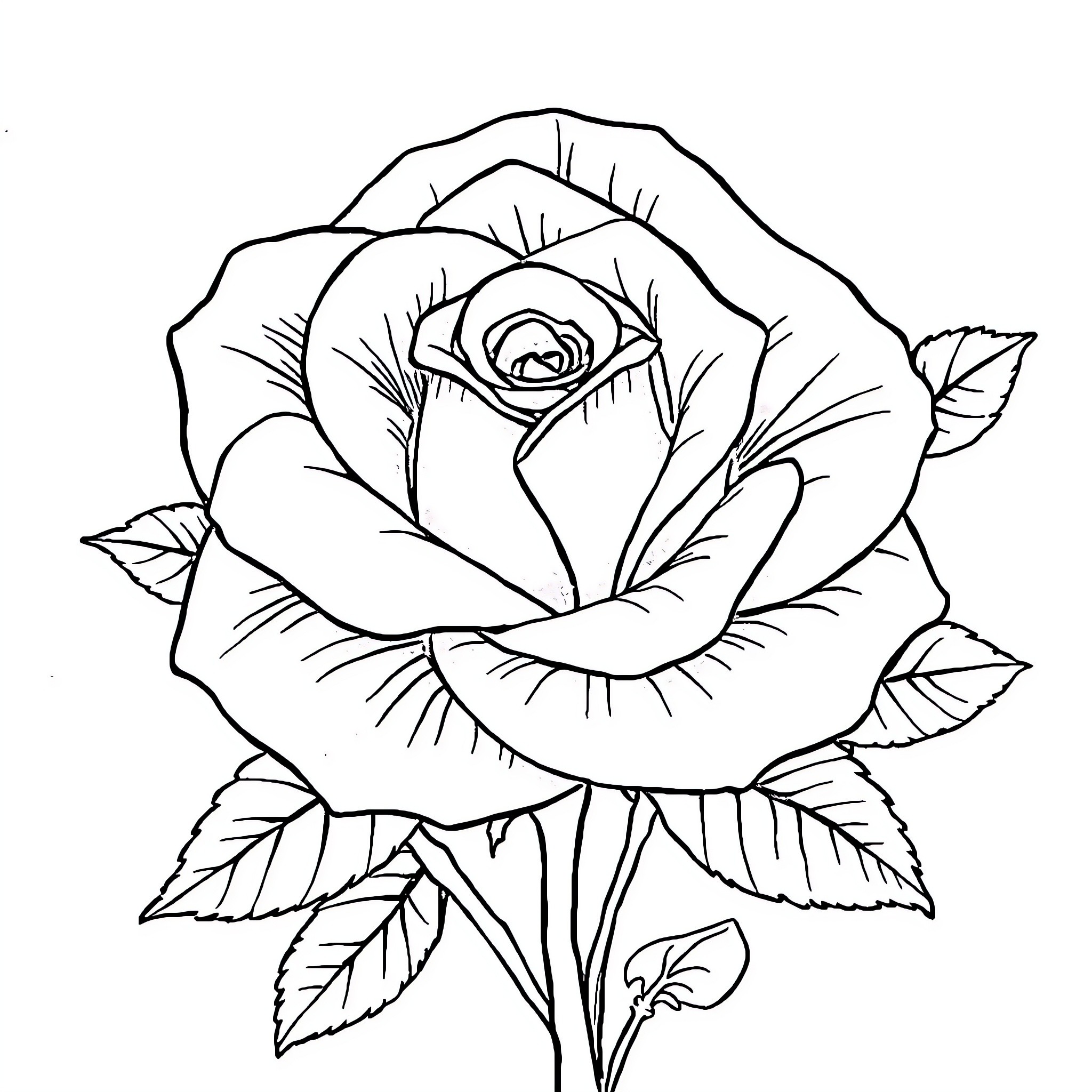 Rose with Intricate Petals and Leaves Coloring Page (free black-and-white line drawing printable PDF for all, from beginners to advanced learners, including children, teens, adults, and seniors)