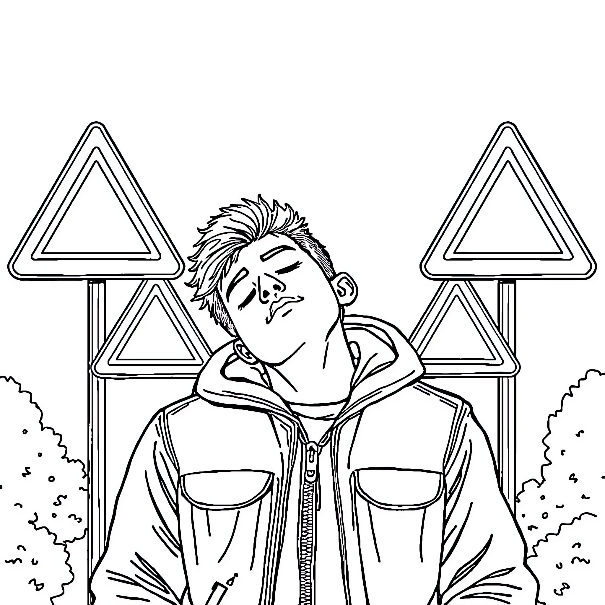Panneau de signalisation avec homme en tenue décontractée Coloring Page (free black-and-white line drawing printable PDF for all, from beginners to advanced learners, including children, teens, adults, and seniors)