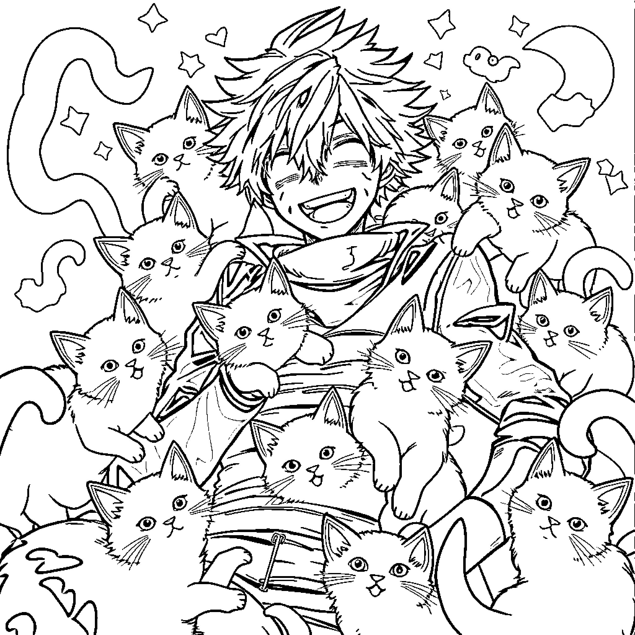 Todoroki's Feline Adventure Coloring Page (free black-and-white line drawing printable PDF for all, from beginners to advanced learners, including children, teens, adults, and seniors)