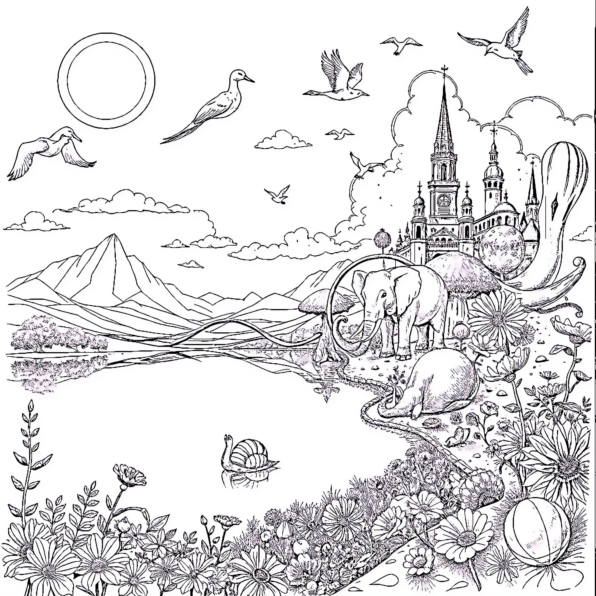 Dali's Surreal Landscape with Fantastical Elements Coloring Page (free black-and-white line drawing printable PDF for all, from beginners to advanced learners, including children, teens, adults, and seniors)