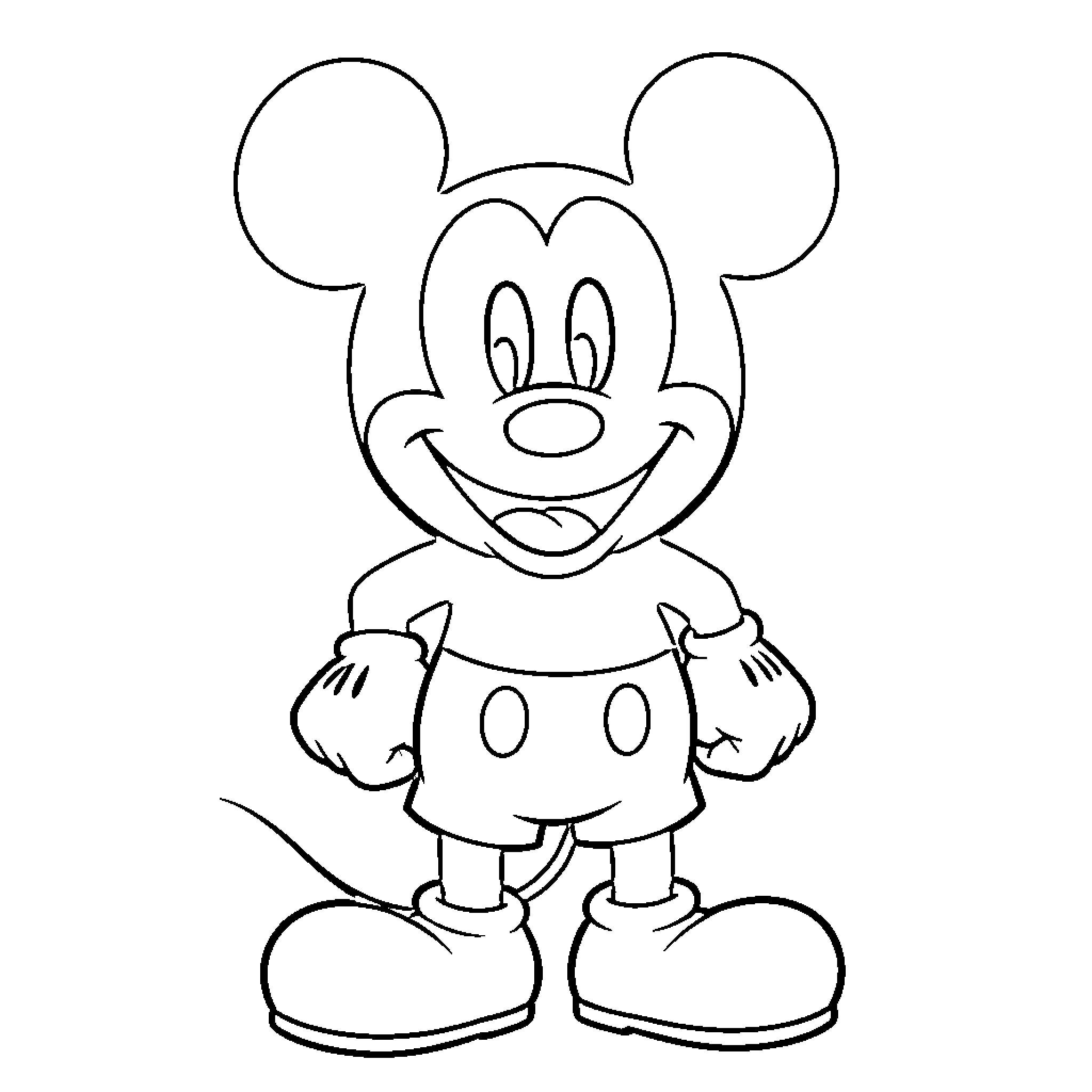 Mickey Mouse standing and smiling happily Coloring Page (free black-and-white line drawing printable PDF for all, from beginners to advanced learners, including children, teens, adults, and seniors)