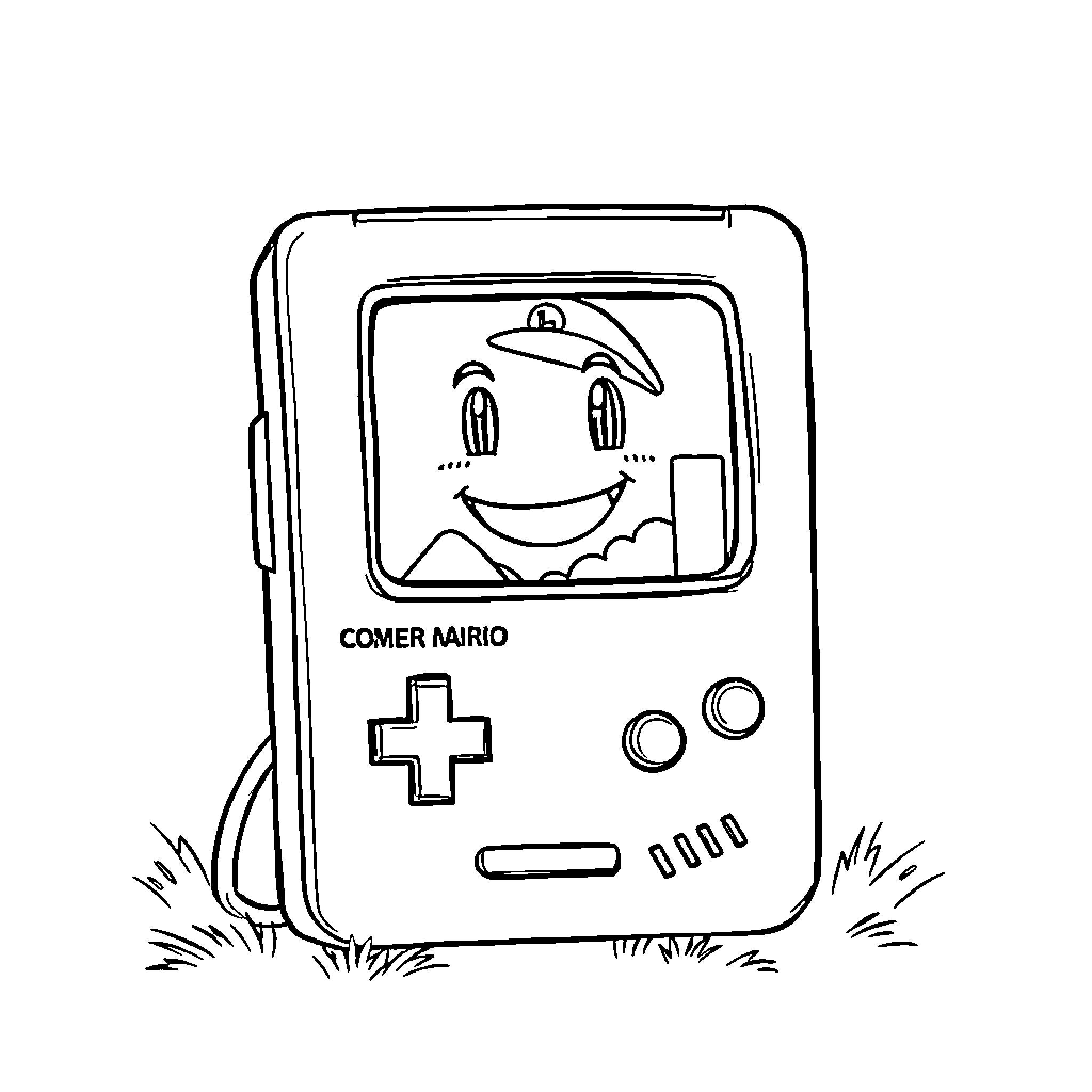 BMO Handheld Game Console in the Grass Coloring Page (free black-and-white line drawing printable PDF for all, from beginners to advanced learners, including children, teens, adults, and seniors)