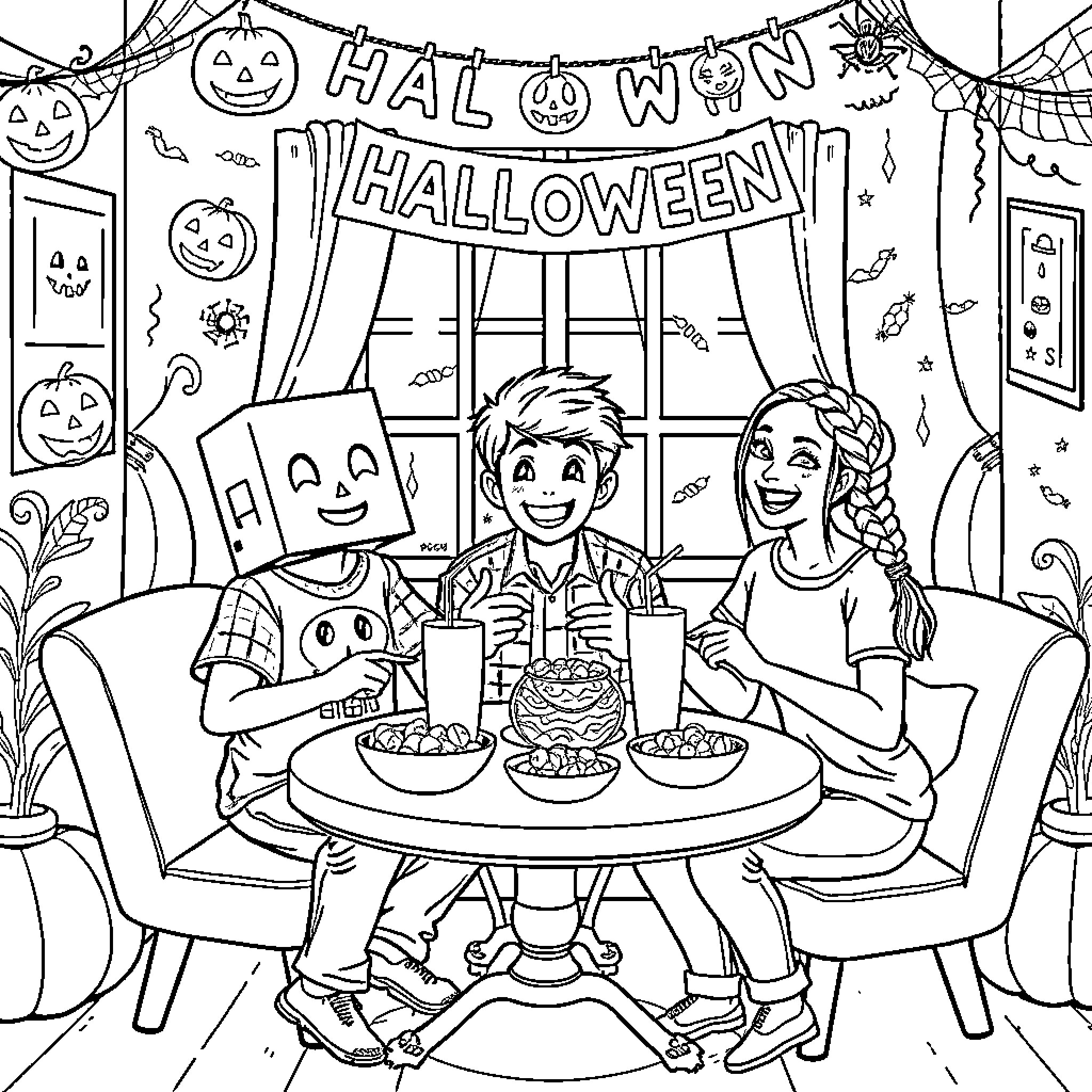Friend enjoying a Halloween party with pals Coloring Page (free black-and-white line drawing printable PDF for all, from beginners to advanced learners, including children, teens, adults, and seniors)