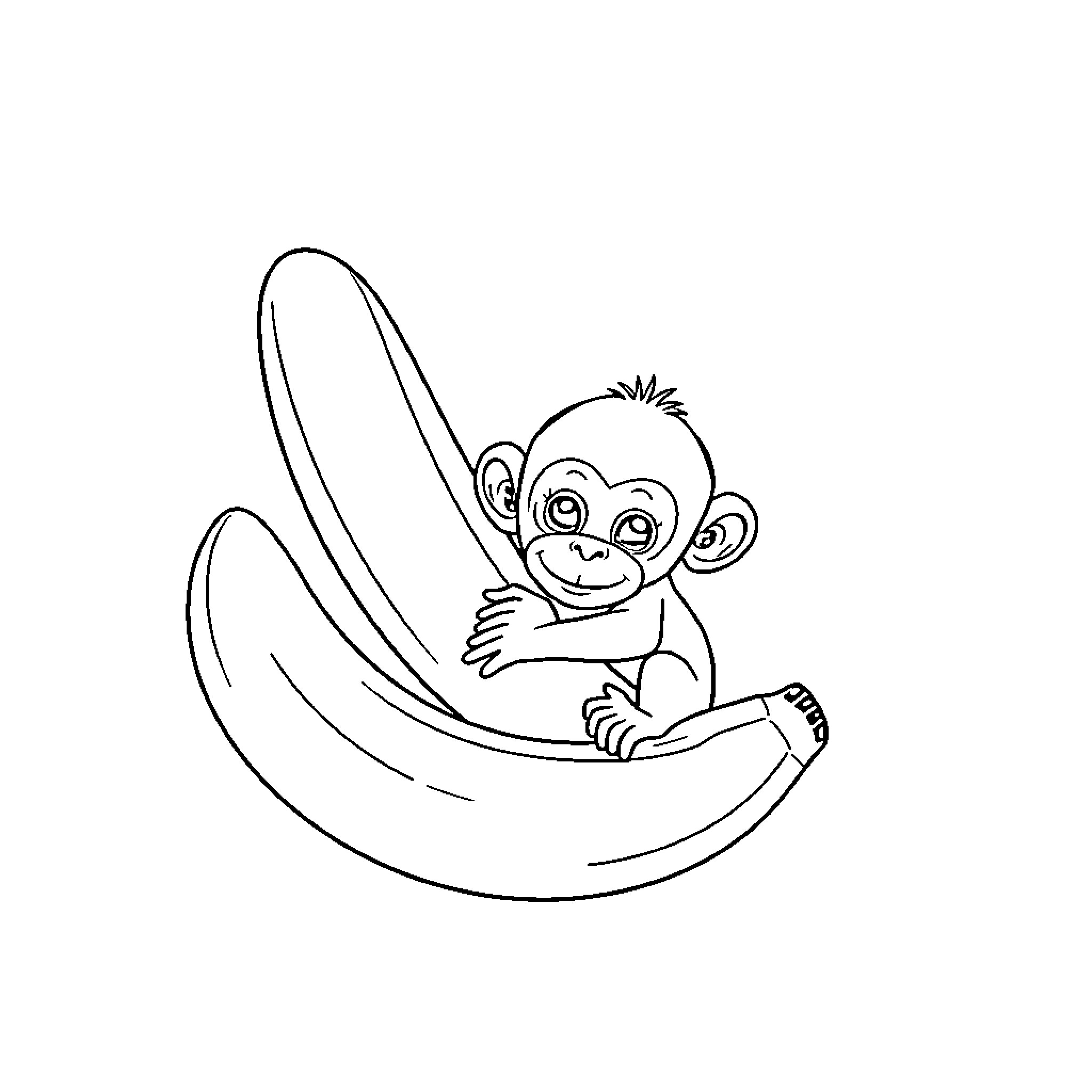 Banana-shaped baby monkey playing happily Coloring Page (free black-and-white line drawing printable PDF for all, from beginners to advanced learners, including children, teens, adults, and seniors)
