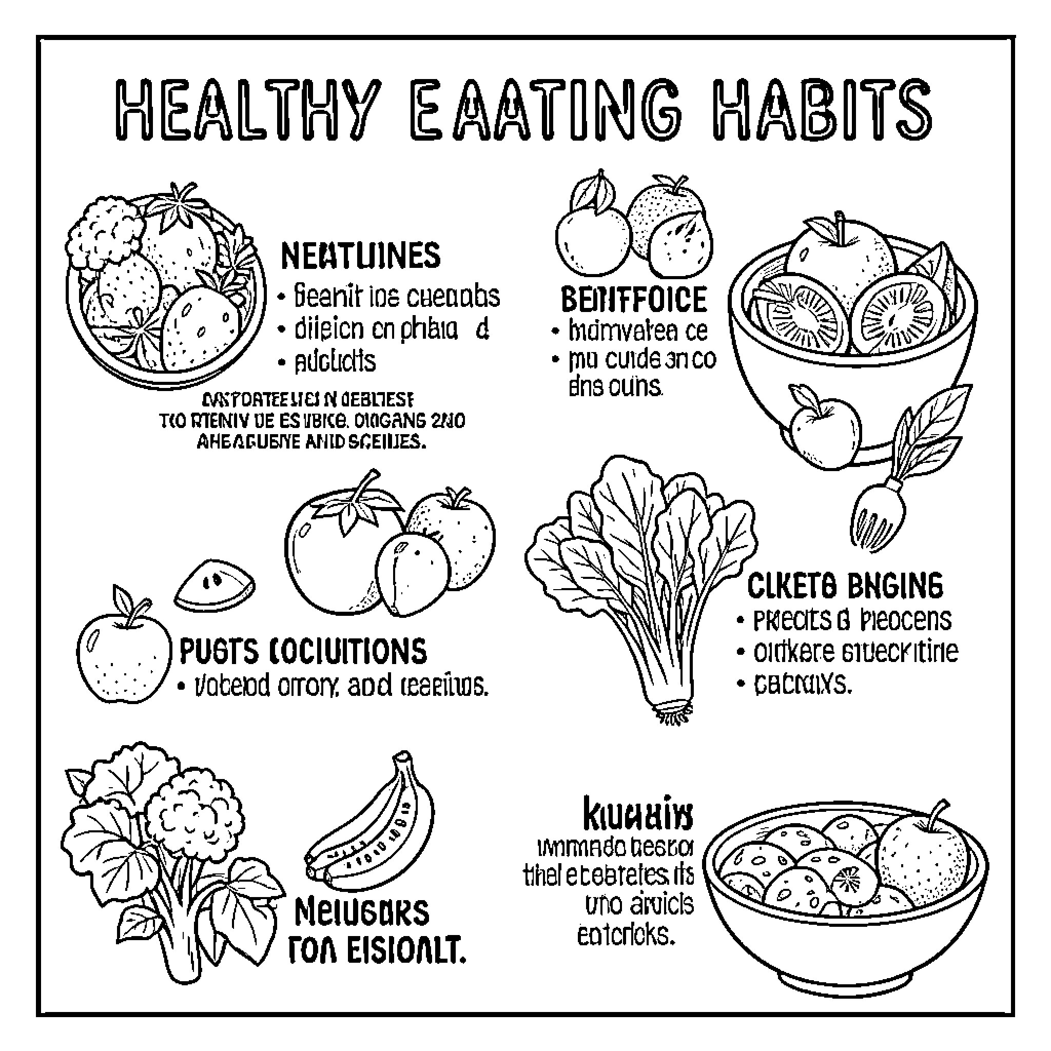 Health Nutrition featuring various fruits and vegetables in bowls Coloring Page (free black-and-white line drawing printable PDF for all, from beginners to advanced learners, including children, teens, adults, and seniors)