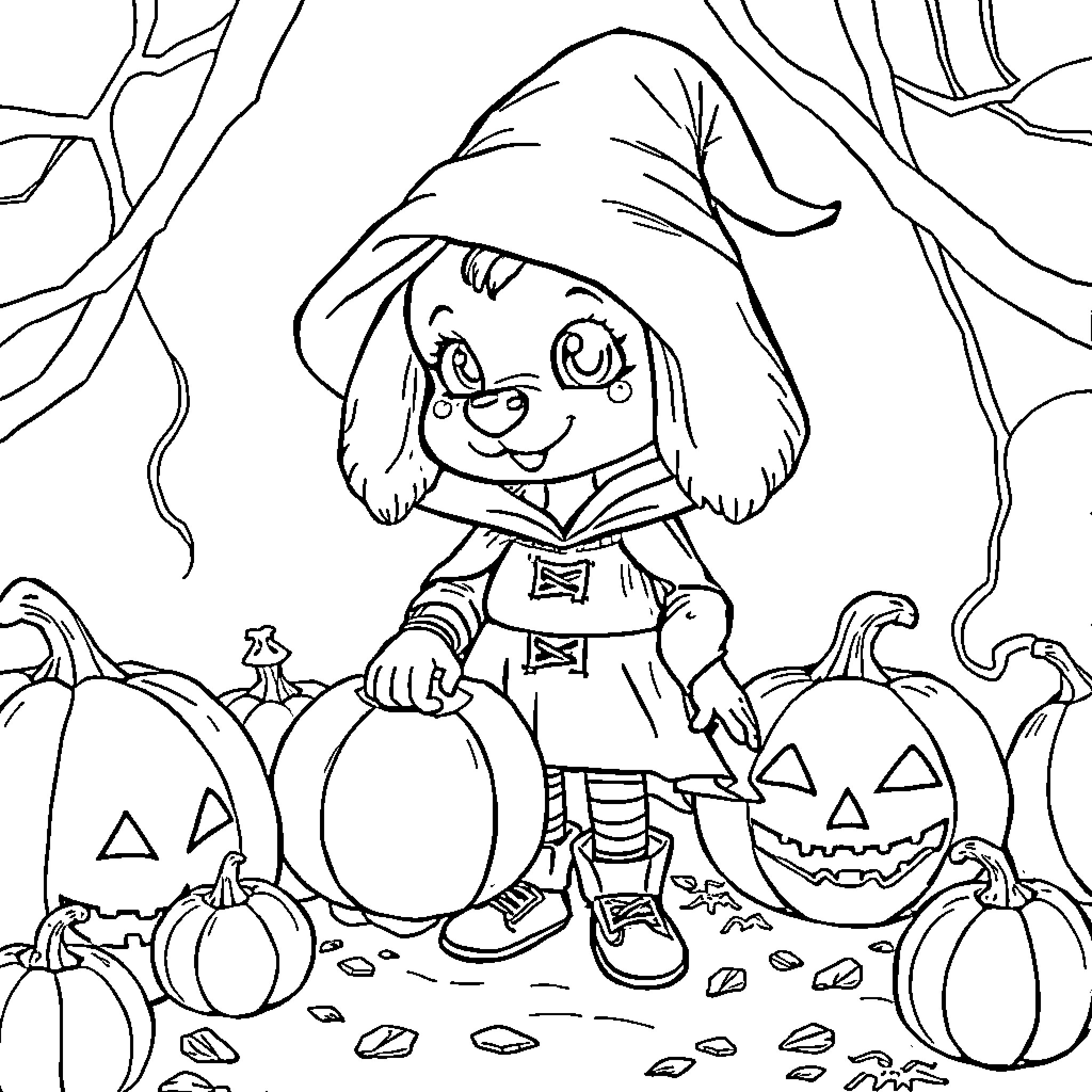 Aubrey's Spooky Halloween Adventure Coloring Page (free black-and-white line drawing printable PDF for all, from beginners to advanced learners, including children, teens, adults, and seniors)