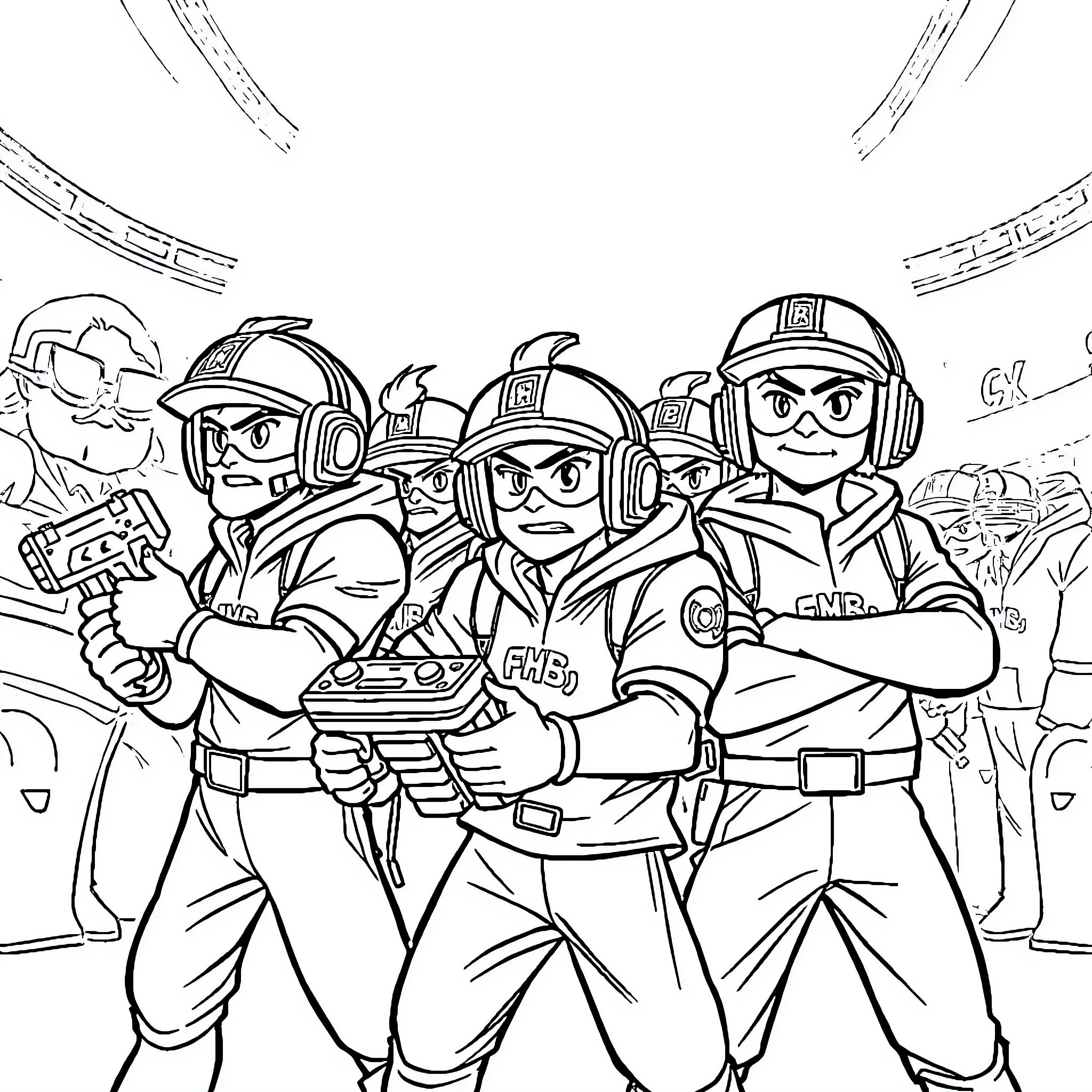 Brawl Stars: Heroic Team in Action Coloring Page (free black-and-white line drawing printable PDF for all, from beginners to advanced learners, including children, teens, adults, and seniors)