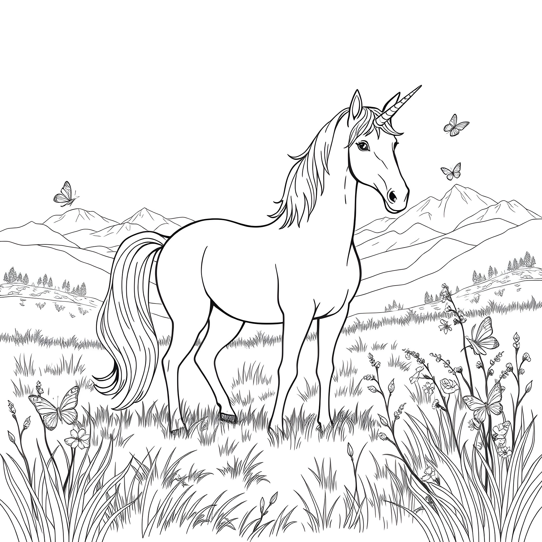 Unicorn standing amidst butterflies in a meadow Coloring Page (free black-and-white line drawing printable PDF for all, from beginners to advanced learners, including children, teens, adults, and seniors)