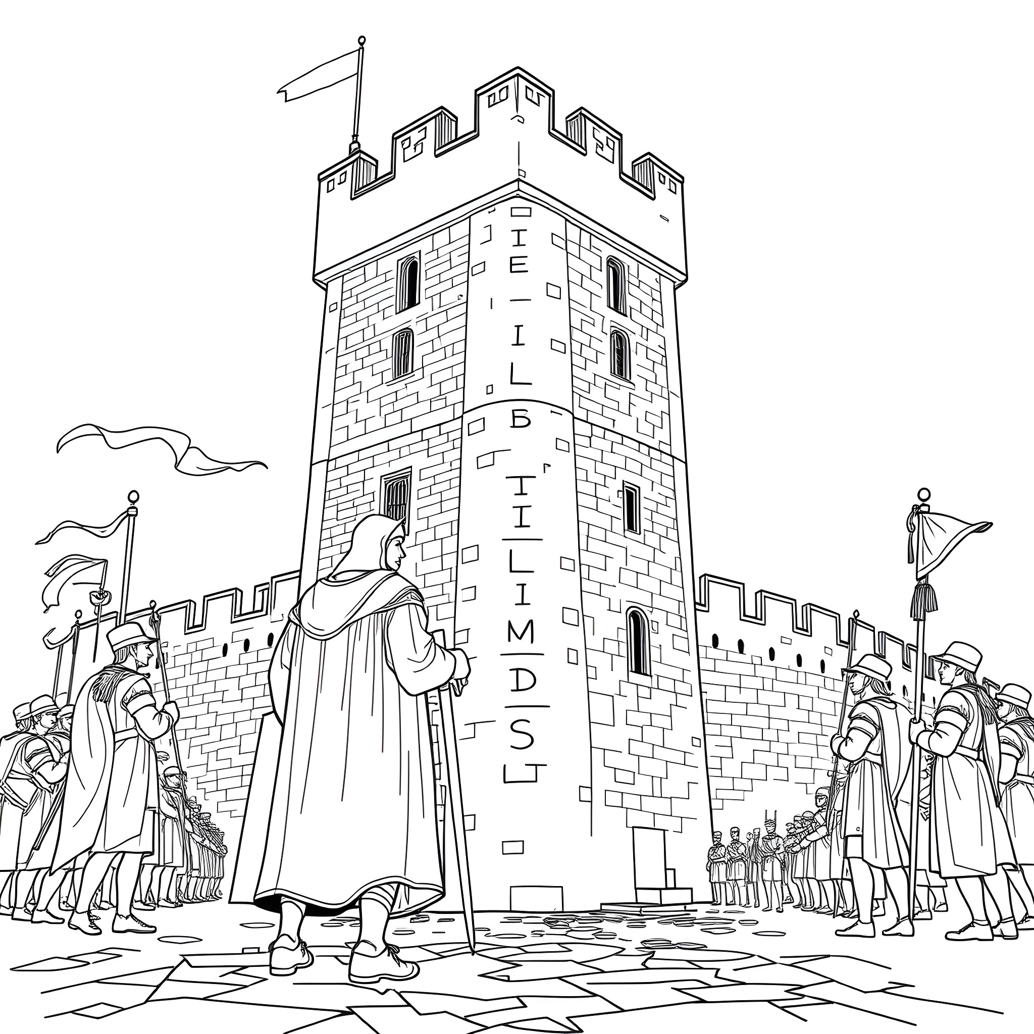 William the Conqueror standing before a majestic castle Coloring Page (free black-and-white line drawing printable PDF for all, from beginners to advanced learners, including children, teens, adults, and seniors)