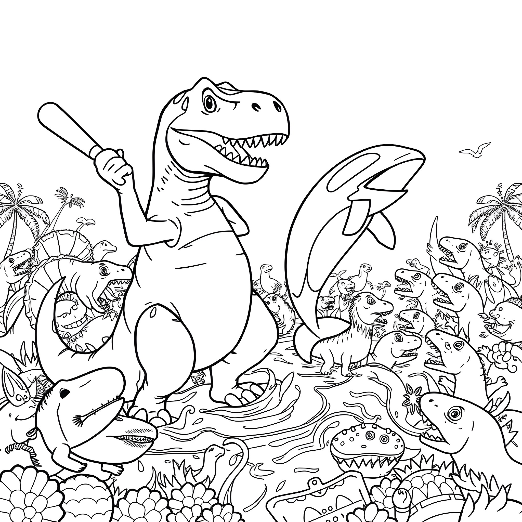 T-Rex playing in a tropical landscape Coloring Page (free black-and-white line drawing printable PDF for all, from beginners to advanced learners, including children, teens, adults, and seniors)
