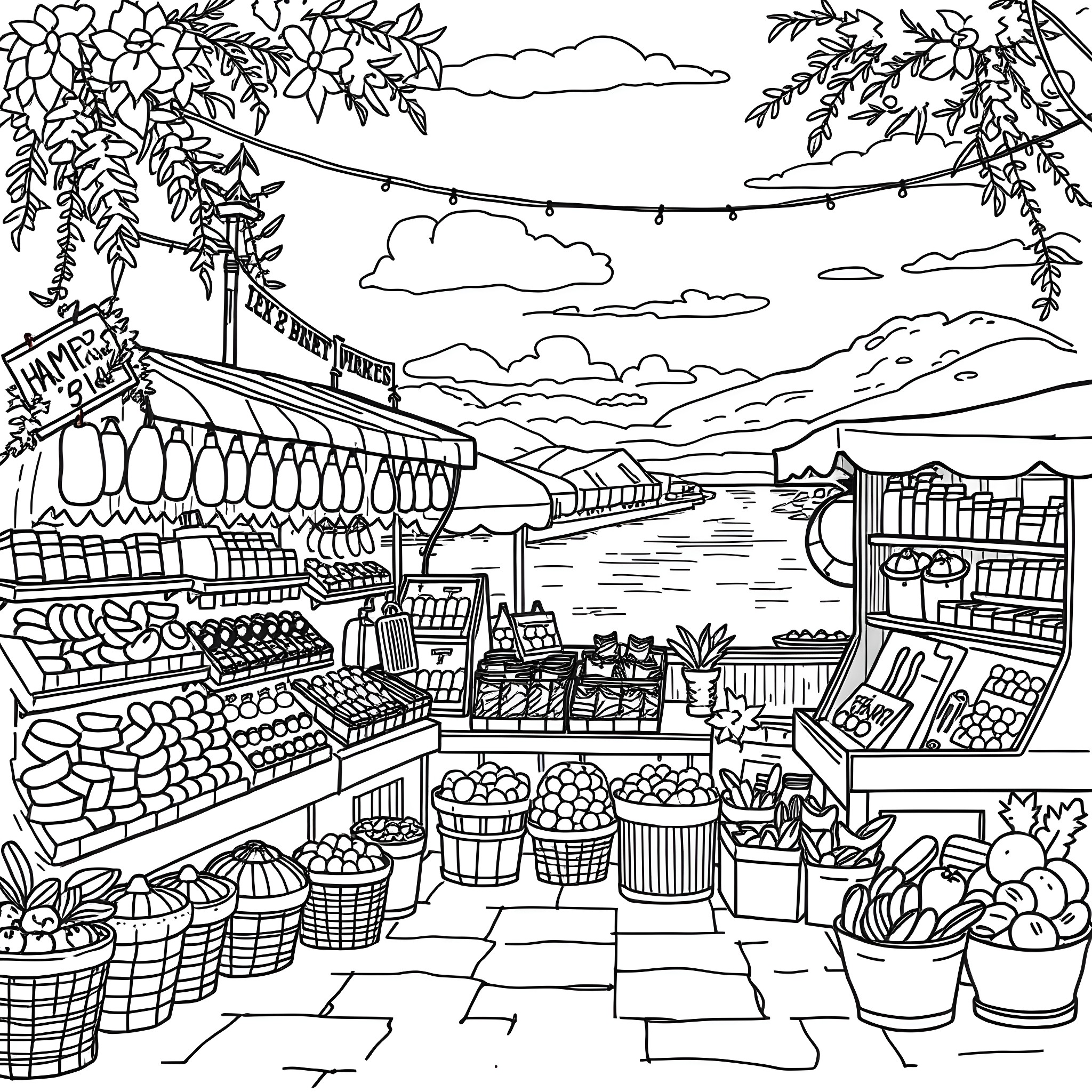 Market Scene with Vibrant Stalls and Bustling Activity Coloring Page (free black-and-white line drawing printable PDF for all, from beginners to advanced learners, including children, teens, adults, and seniors)