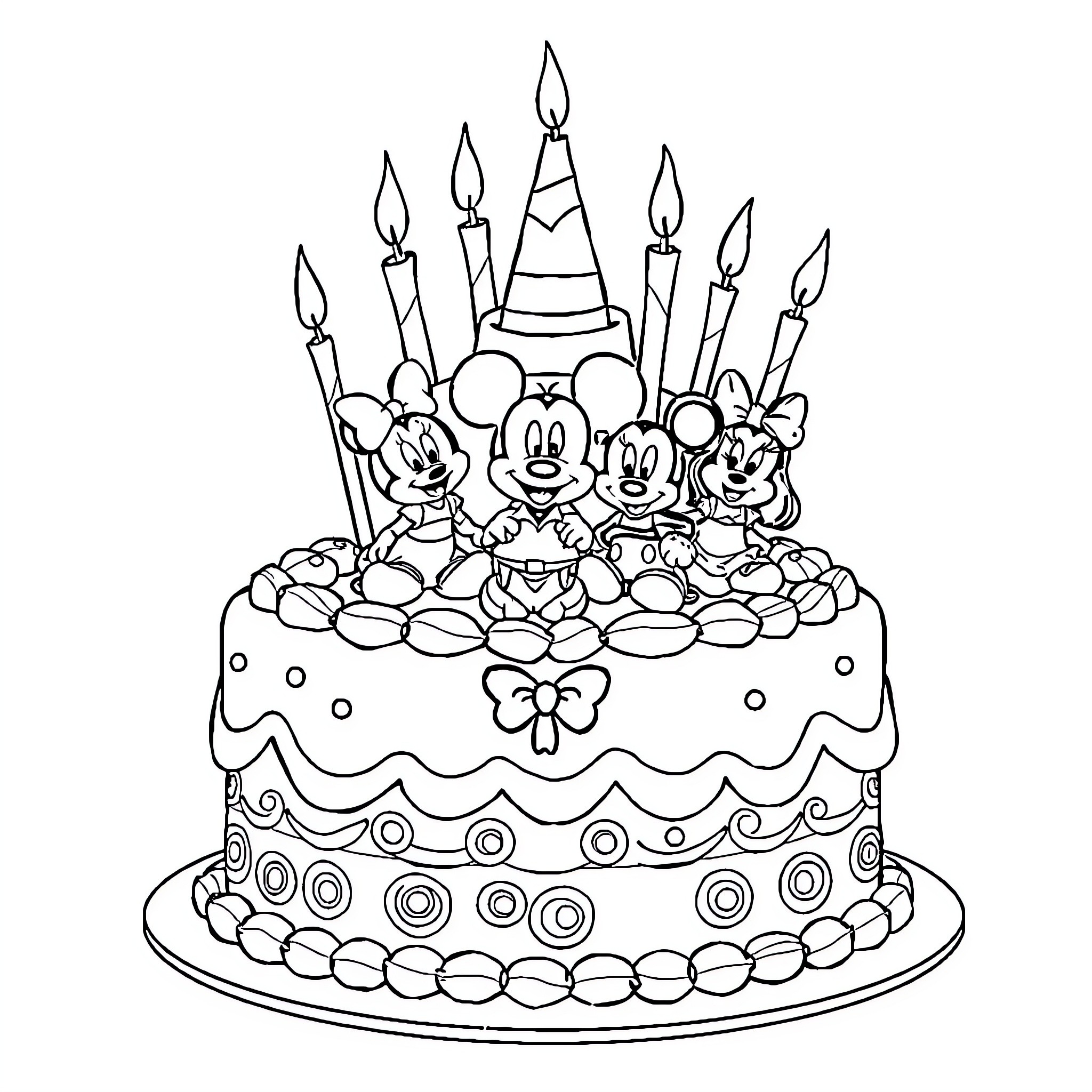 Birthday Cake with Cartoon Characters Celebration Coloring Page (free black-and-white line drawing printable PDF for all, from beginners to advanced learners, including children, teens, adults, and seniors)