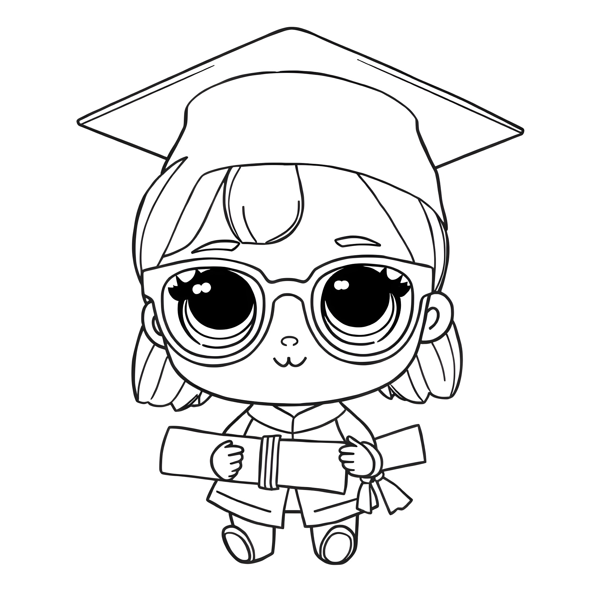 Lol Doll Graduate Celebrating Accomplishment Coloring Page (free black-and-white line drawing printable PDF for all, from beginners to advanced learners, including children, teens, adults, and seniors)