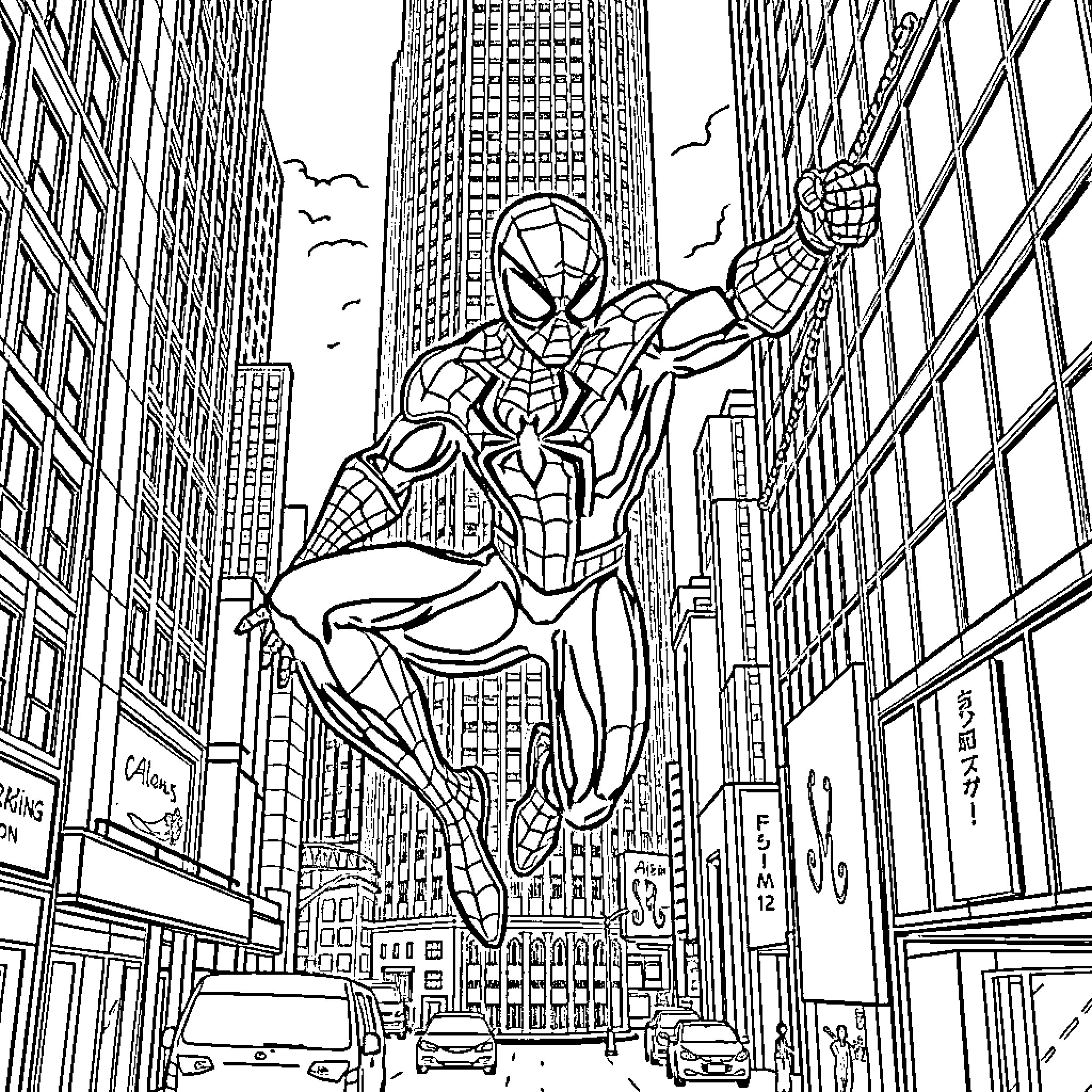 Spiderman swinging through the bustling cityscape Coloring Page (free black-and-white line drawing printable PDF for all, from beginners to advanced learners, including children, teens, adults, and seniors)