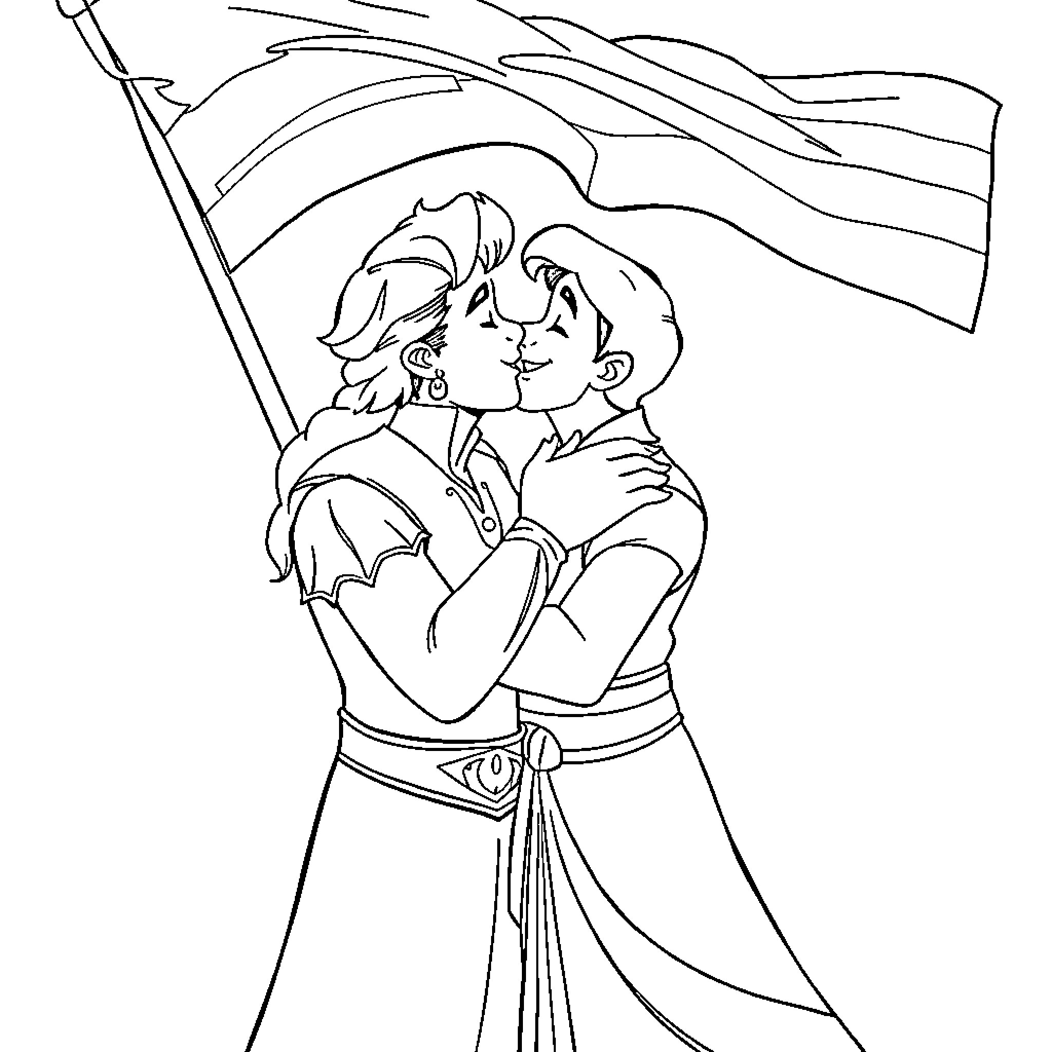 Kristoff and Companion Embrace in the Landscape Coloring Page (free black-and-white line drawing printable PDF for all, from beginners to advanced learners, including children, teens, adults, and seniors)