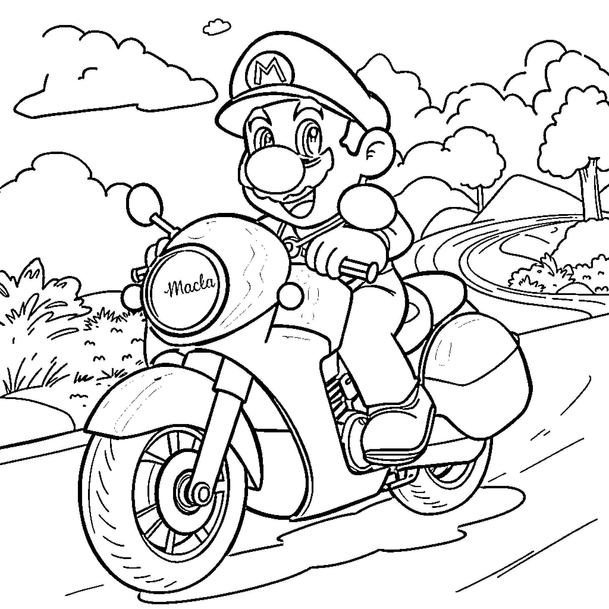 Mario riding a scooter on a scenic path Coloring Page (free black-and-white line drawing printable PDF for all, from beginners to advanced learners, including children, teens, adults, and seniors)