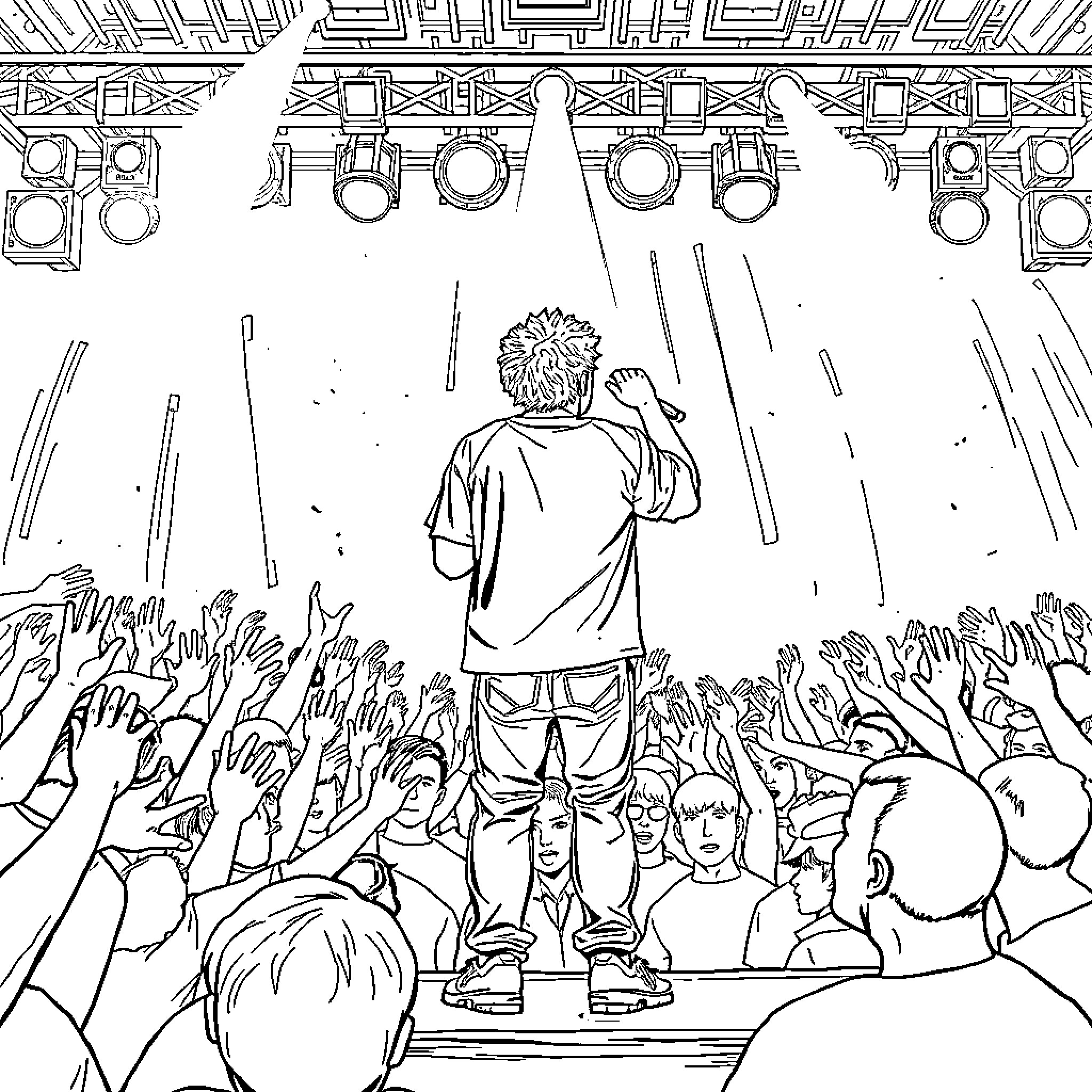 Juice Wrld performing energetically on stage Coloring Page (free black-and-white line drawing printable PDF for all, from beginners to advanced learners, including children, teens, adults, and seniors)