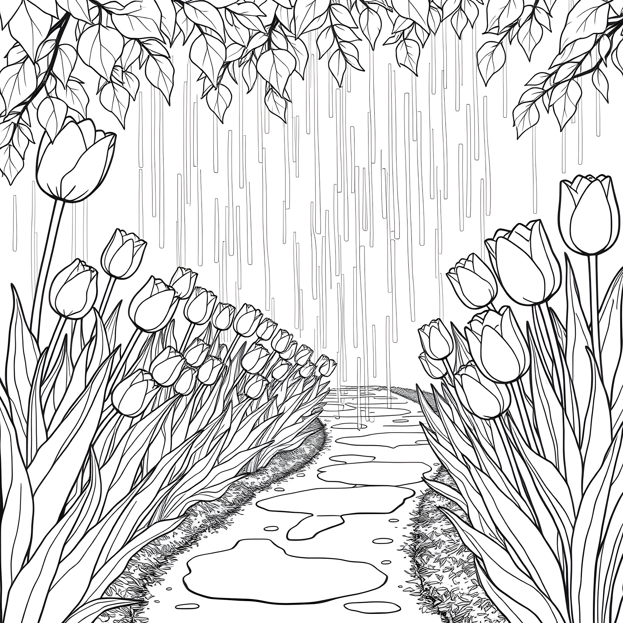 Tulip Blossoms in Enchanting Garden Coloring Page (free black-and-white line drawing printable PDF for all, from beginners to advanced learners, including children, teens, adults, and seniors)
