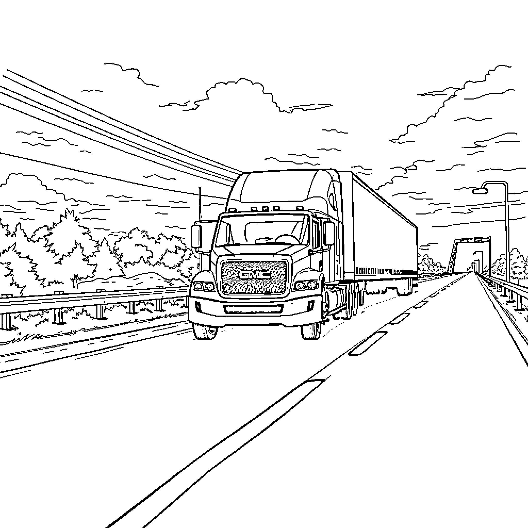 Gmc truck driving on highway through scenic landscape Coloring Page (free black-and-white line drawing printable PDF for all, from beginners to advanced learners, including children, teens, adults, and seniors)