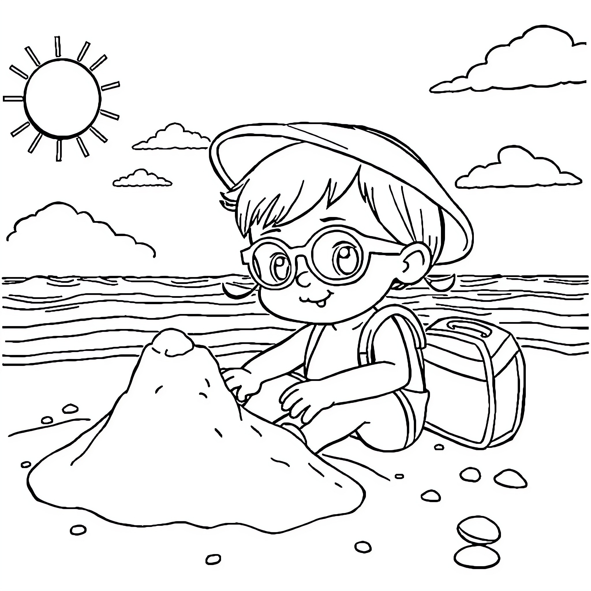 Minnie's day at the beach Coloring Page (free black-and-white line drawing printable PDF for all, from beginners to advanced learners, including children, teens, adults, and seniors)