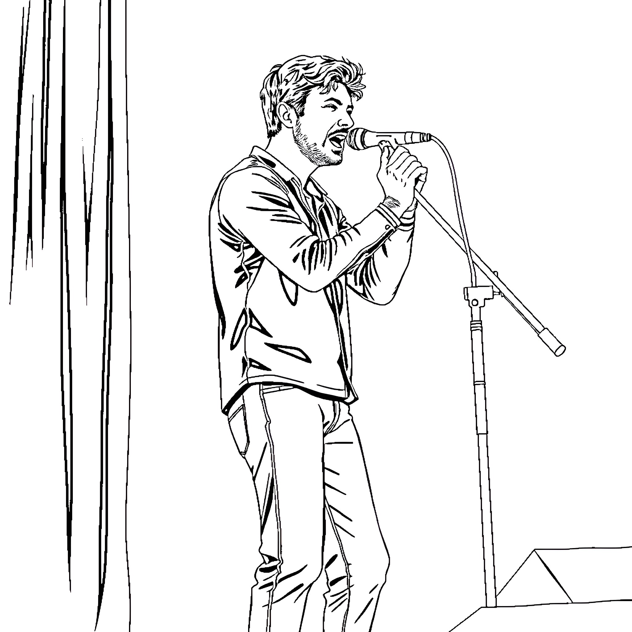 Keane performer sings passionately on stage Coloring Page (free black-and-white line drawing printable PDF for all, from beginners to advanced learners, including children, teens, adults, and seniors)