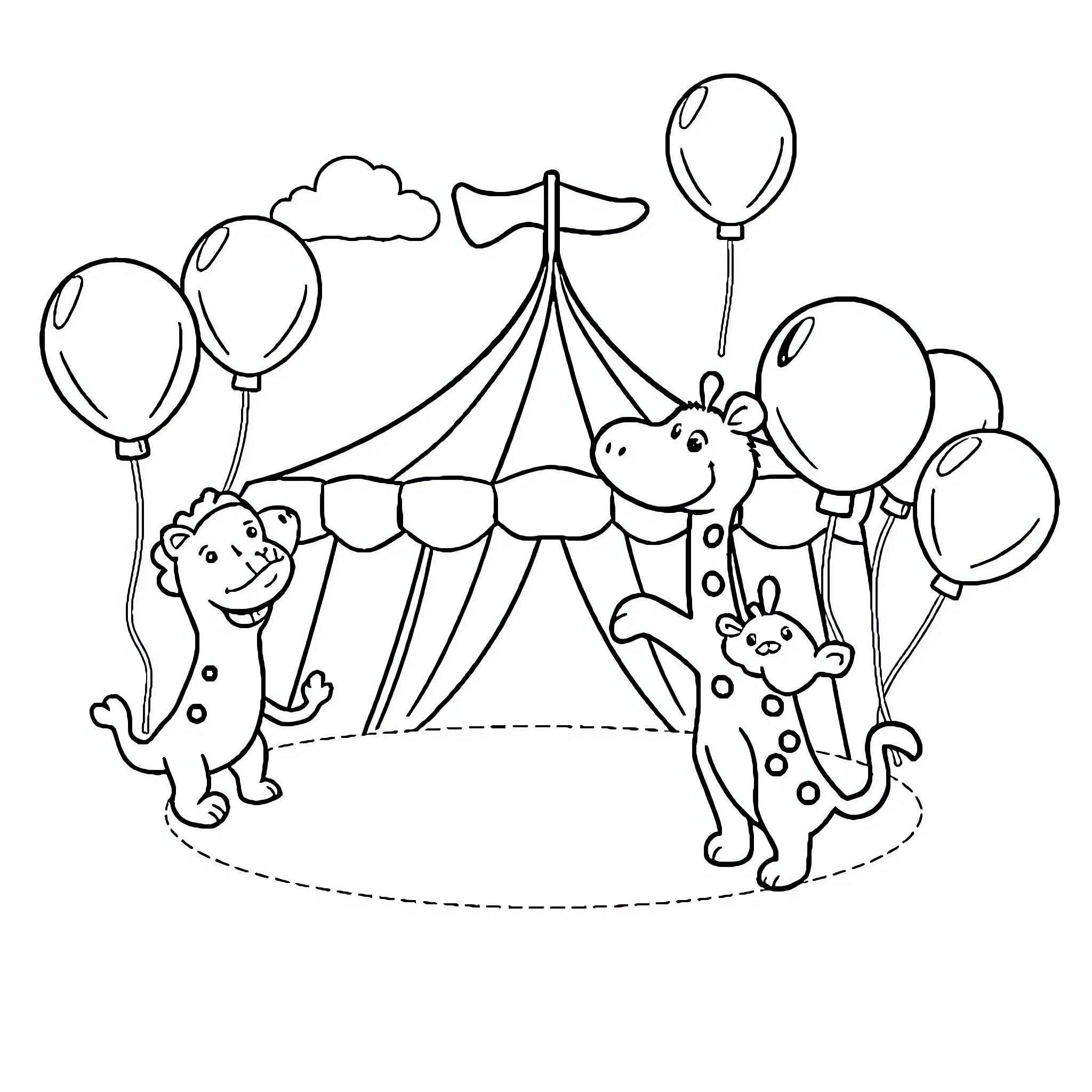 Circus animals and balloons near the tent Coloring Page (free black-and-white line drawing printable PDF for all, from beginners to advanced learners, including children, teens, adults, and seniors)
