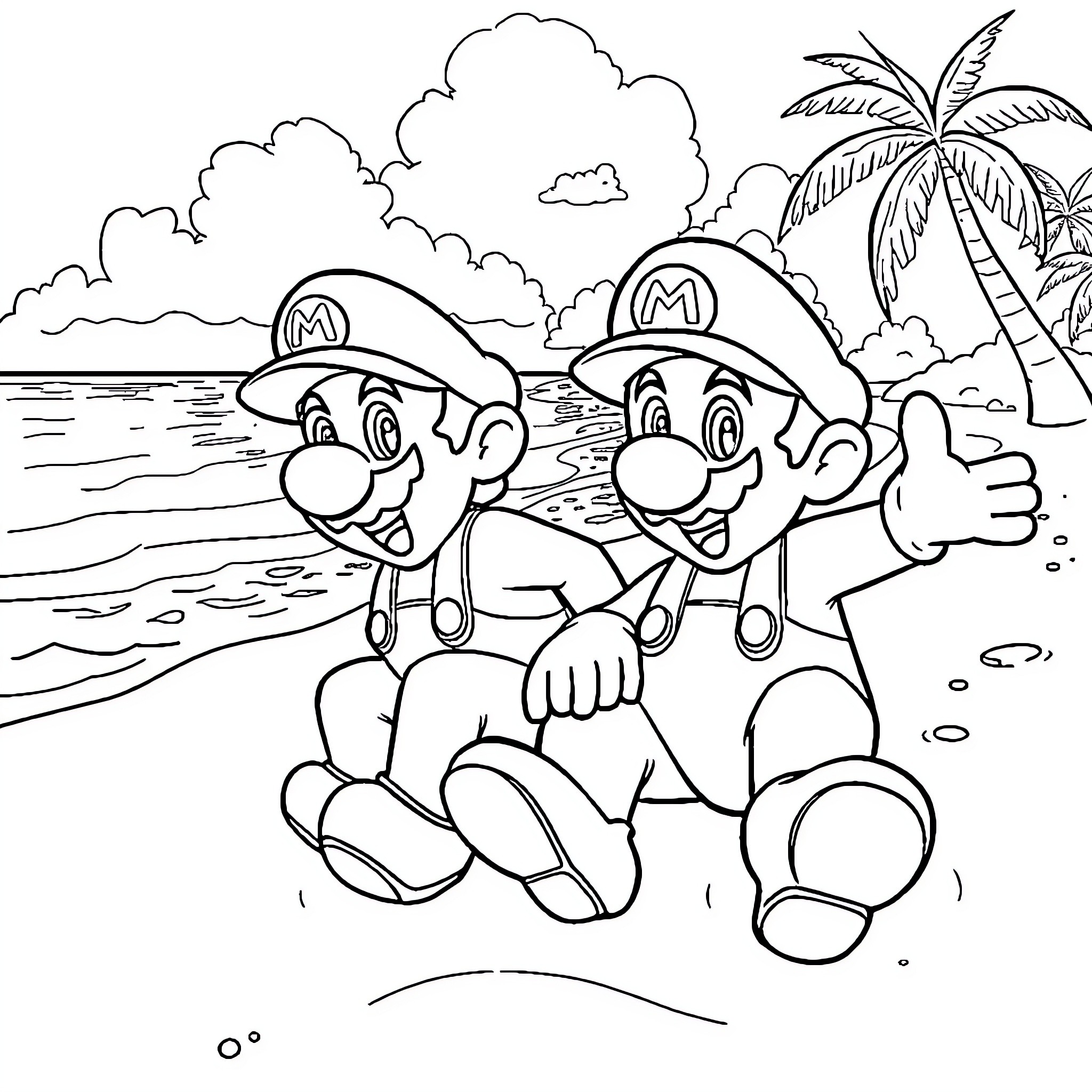 Mario Brothers Relaxing on the Beach Coloring Page (free black-and-white line drawing printable PDF for all, from beginners to advanced learners, including children, teens, adults, and seniors)