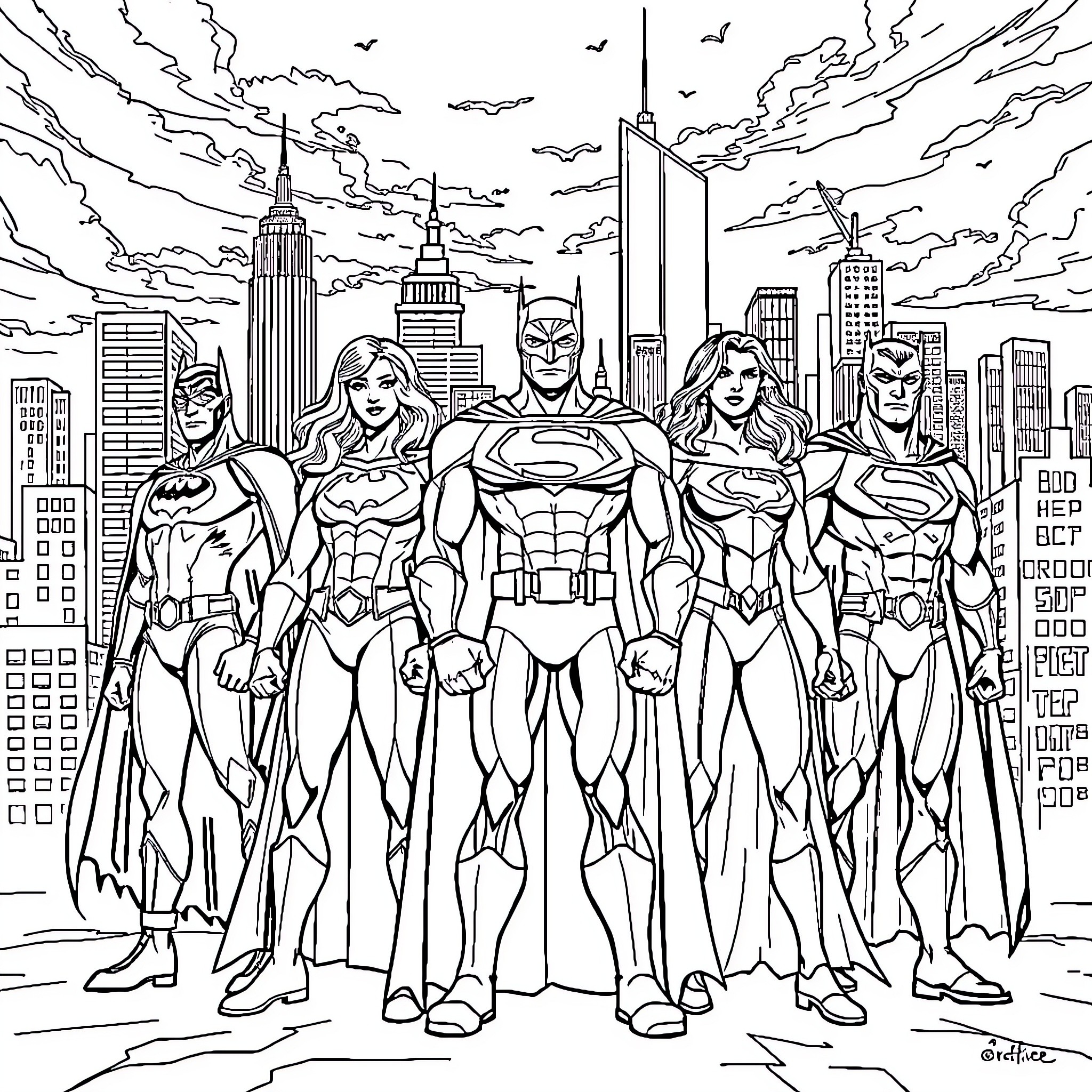 Justice League heroic characters in action poses Coloring Page (free black-and-white line drawing printable PDF for all, from beginners to advanced learners, including children, teens, adults, and seniors)