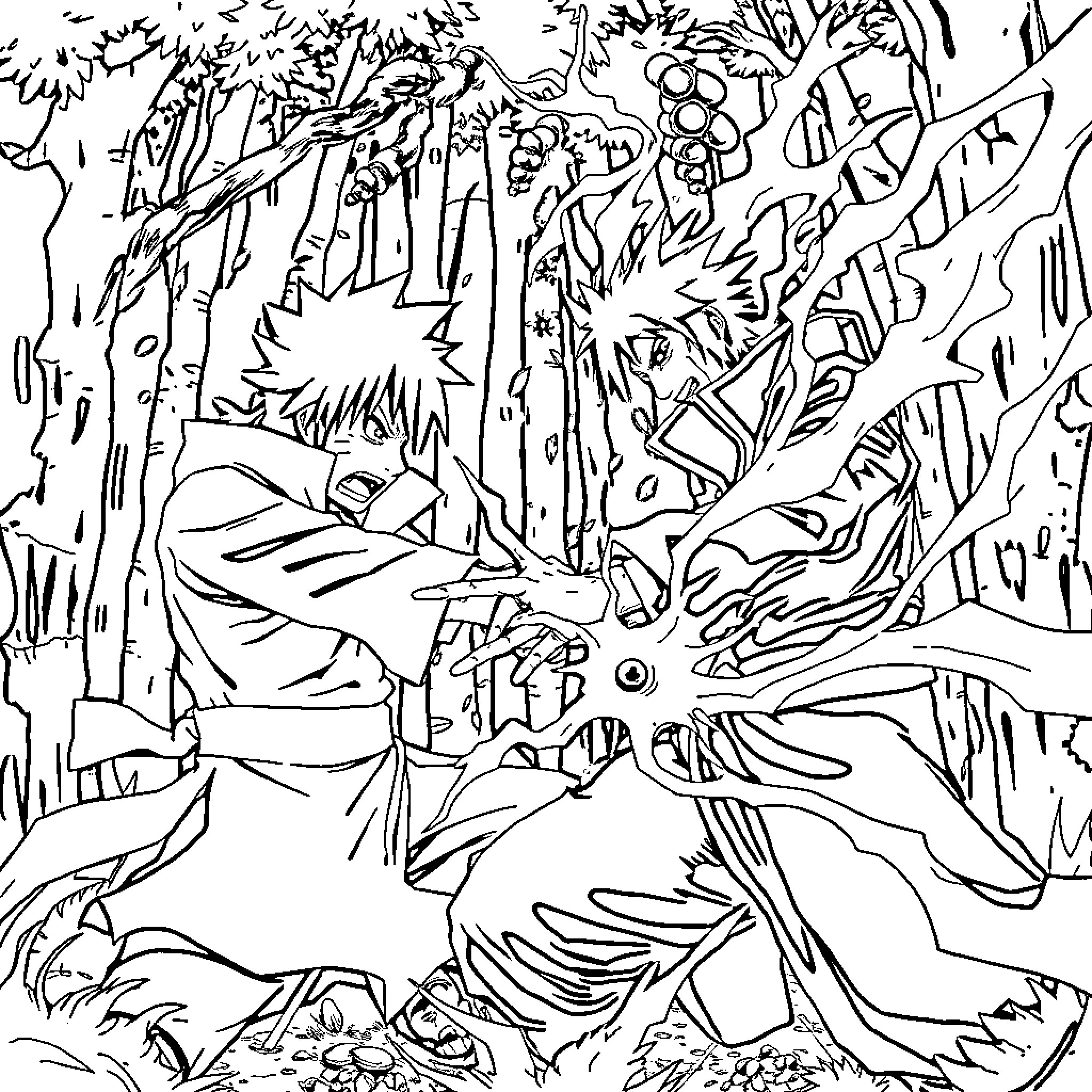 Sasuke's battle in the forest Coloring Page (free black-and-white line drawing printable PDF for all, from beginners to advanced learners, including children, teens, adults, and seniors)
