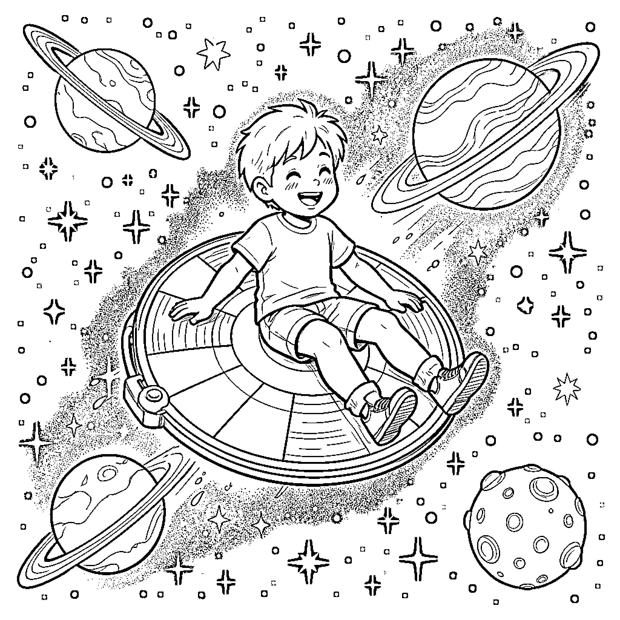 Boy exploring the wonders of the cosmic universe Coloring Page (free black-and-white line drawing printable PDF for all, from beginners to advanced learners, including children, teens, adults, and seniors)