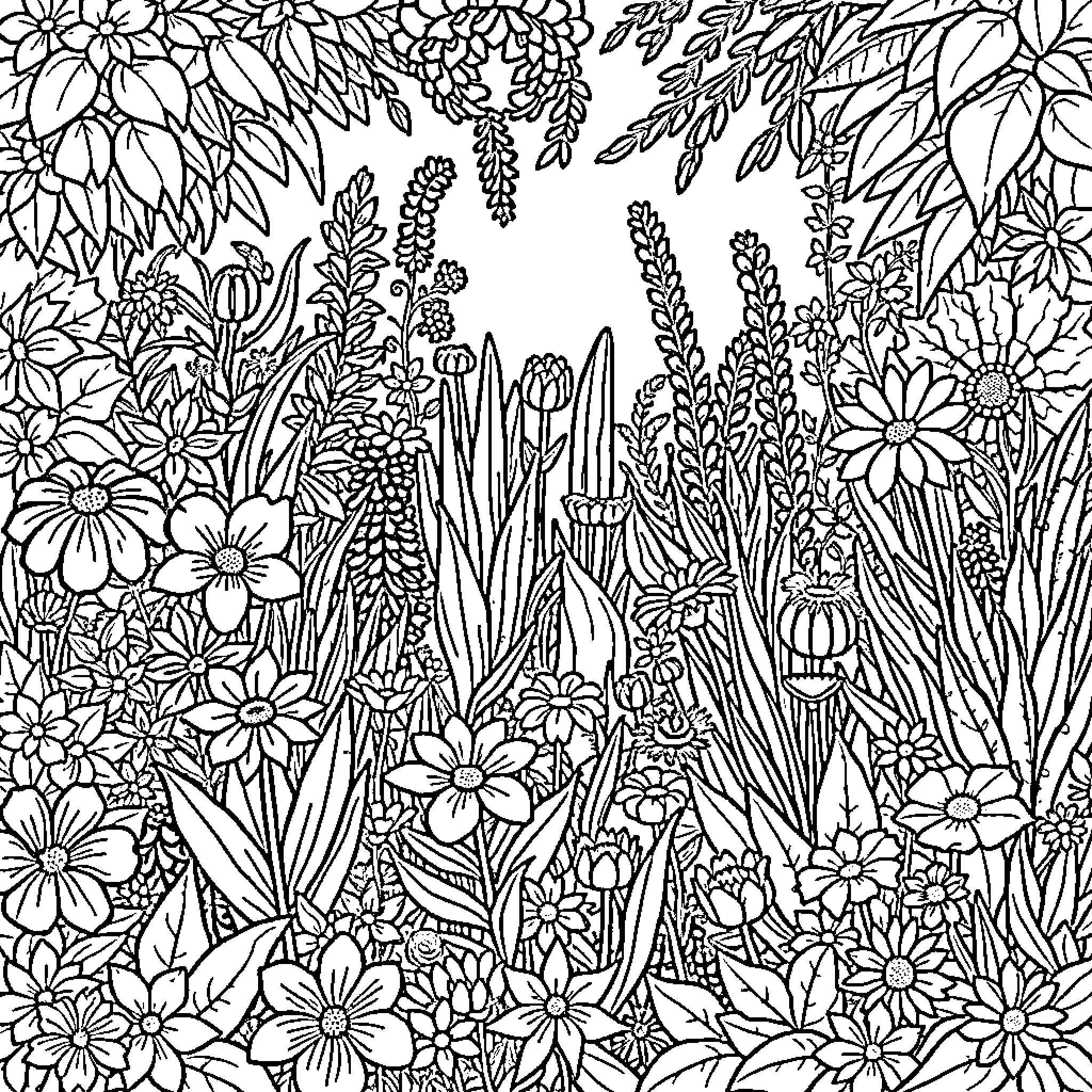 Botanical Garden with Flourishing Flowers Coloring Page (free black-and-white line drawing printable PDF for all, from beginners to advanced learners, including children, teens, adults, and seniors)