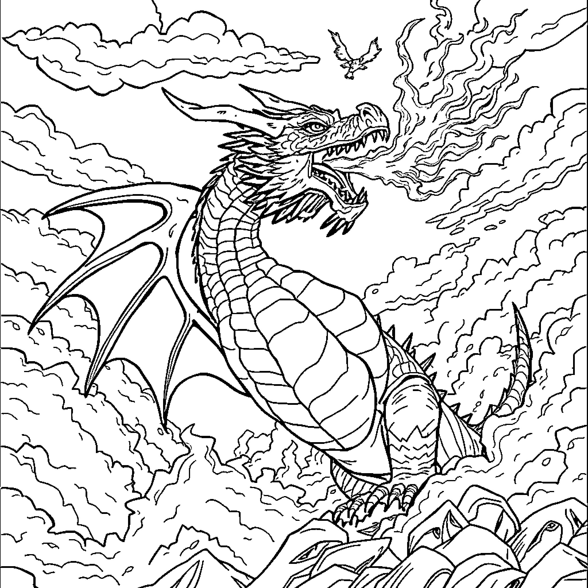 Dragon rising with fierce expression in cloudy skies Coloring Page (free black-and-white line drawing printable PDF for all, from beginners to advanced learners, including children, teens, adults, and seniors)