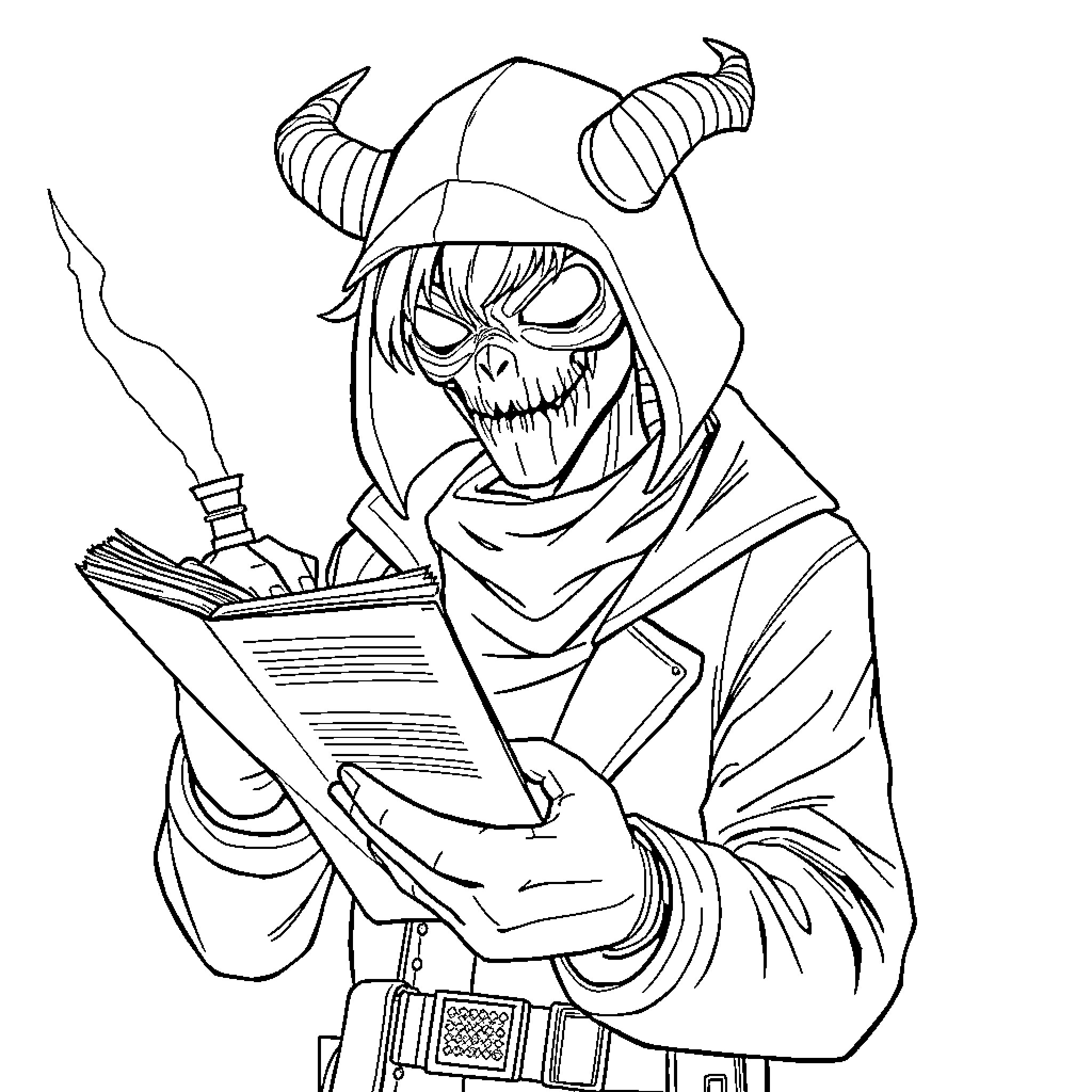 Demon Hunter Reading Ominous Tome Coloring Page (free black-and-white line drawing printable PDF for all, from beginners to advanced learners, including children, teens, adults, and seniors)