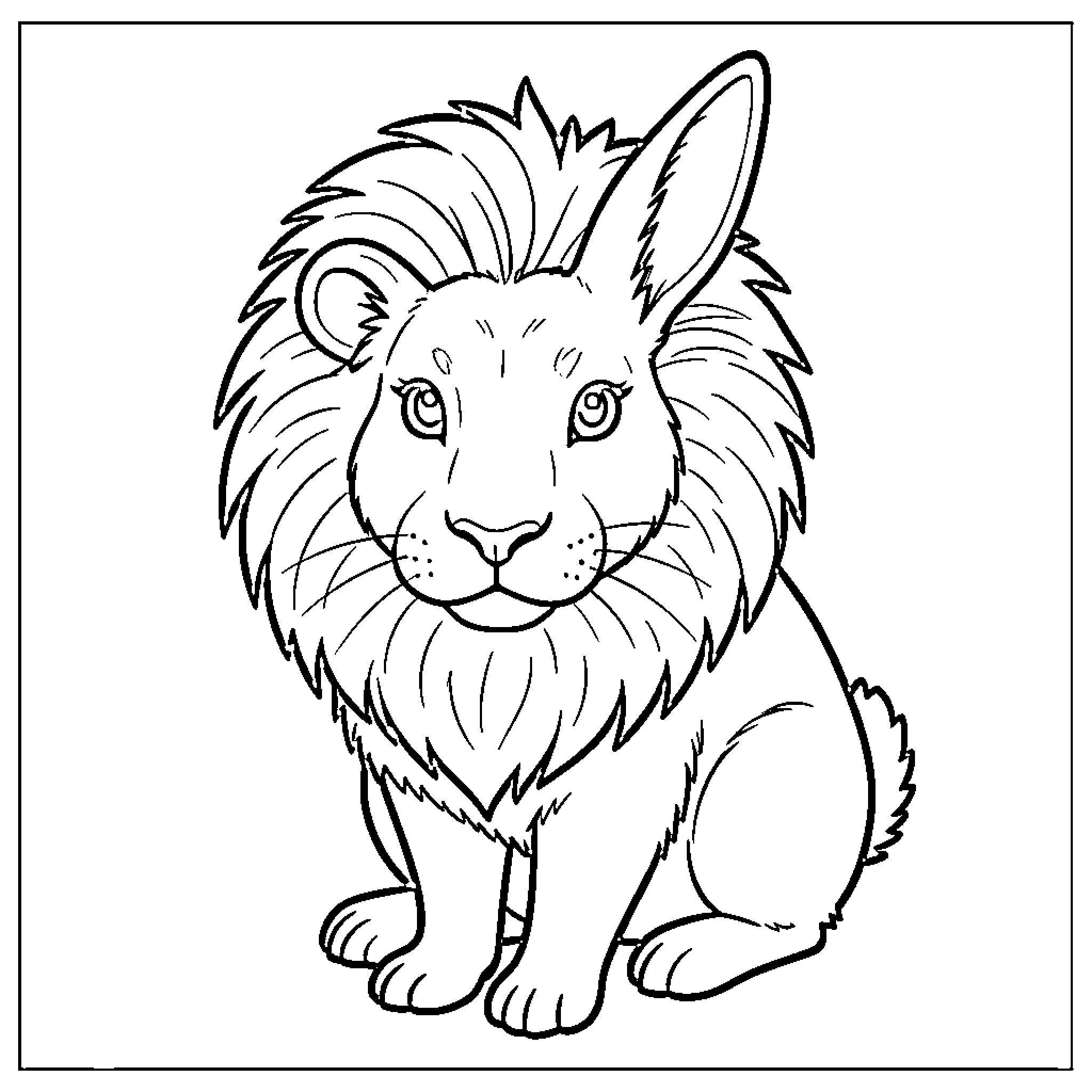 Lion Head Rabbit sitting with a calm expression Coloring Page (free black-and-white line drawing printable PDF for all, from beginners to advanced learners, including children, teens, adults, and seniors)