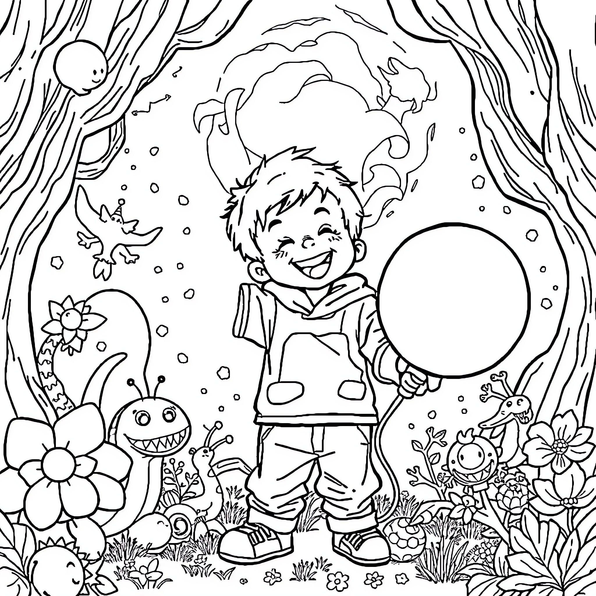 Child exploring enchanted forest with magical creatures Coloring Page (free black-and-white line drawing printable PDF for all, from beginners to advanced learners, including children, teens, adults, and seniors)