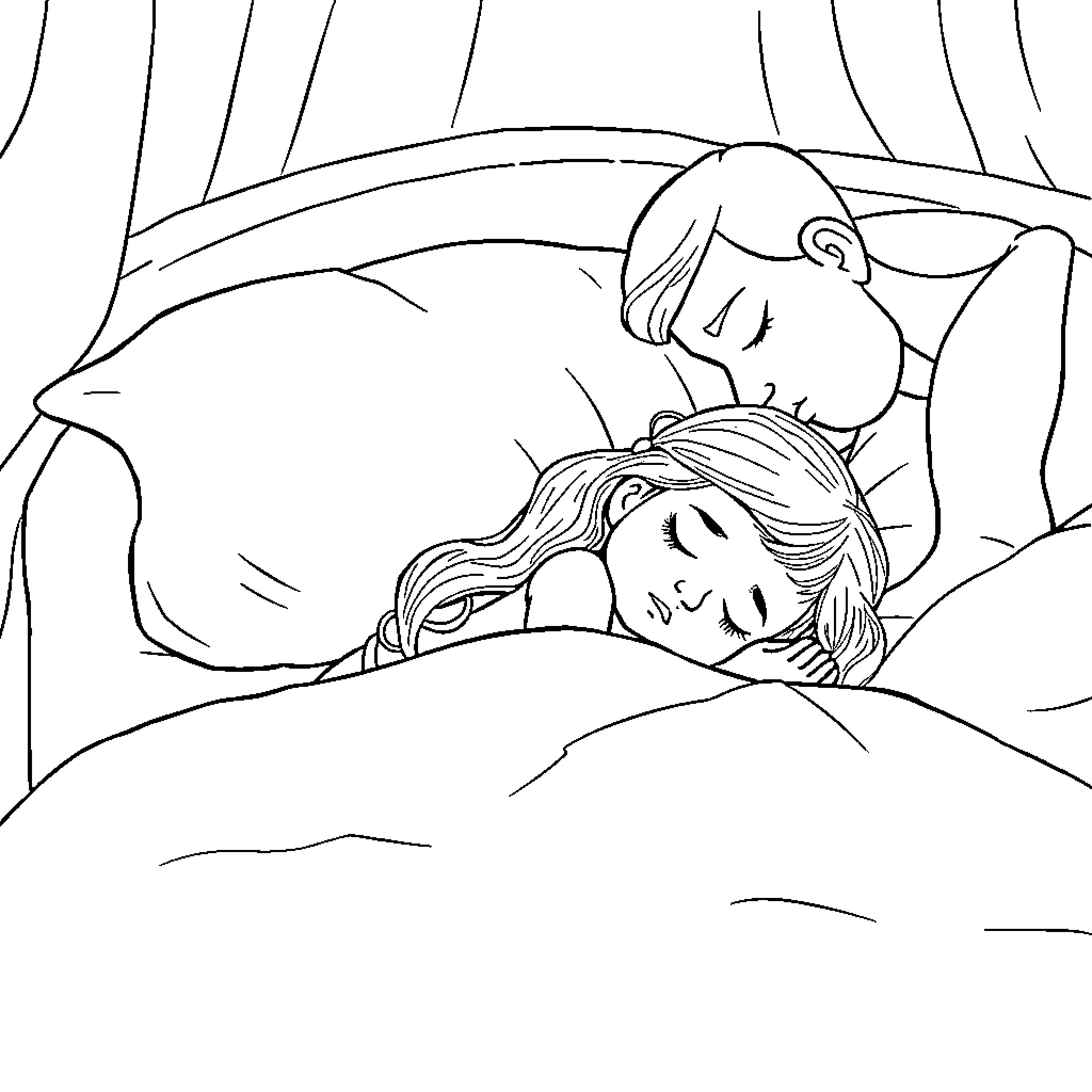 Sleeping Beauty dreaming peacefully in the night Coloring Page (free black-and-white line drawing printable PDF for all, from beginners to advanced learners, including children, teens, adults, and seniors)