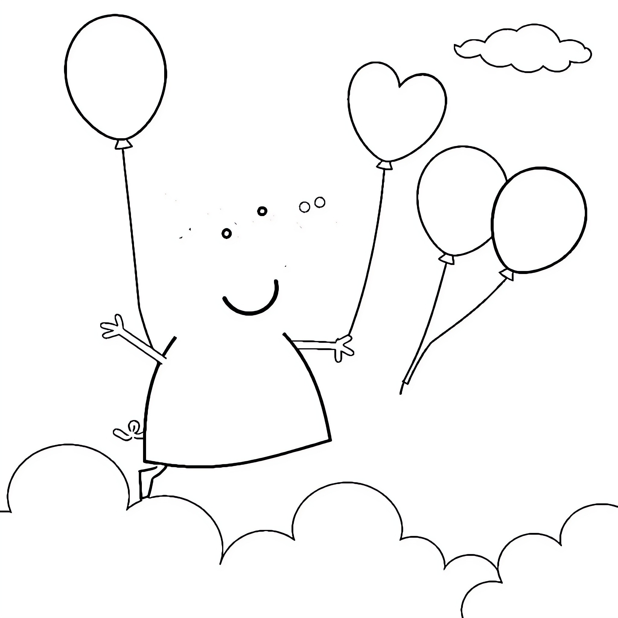 Peppa Pig playing with balloons in the sky Coloring Page (free black-and-white line drawing printable PDF for all, from beginners to advanced learners, including children, teens, adults, and seniors)
