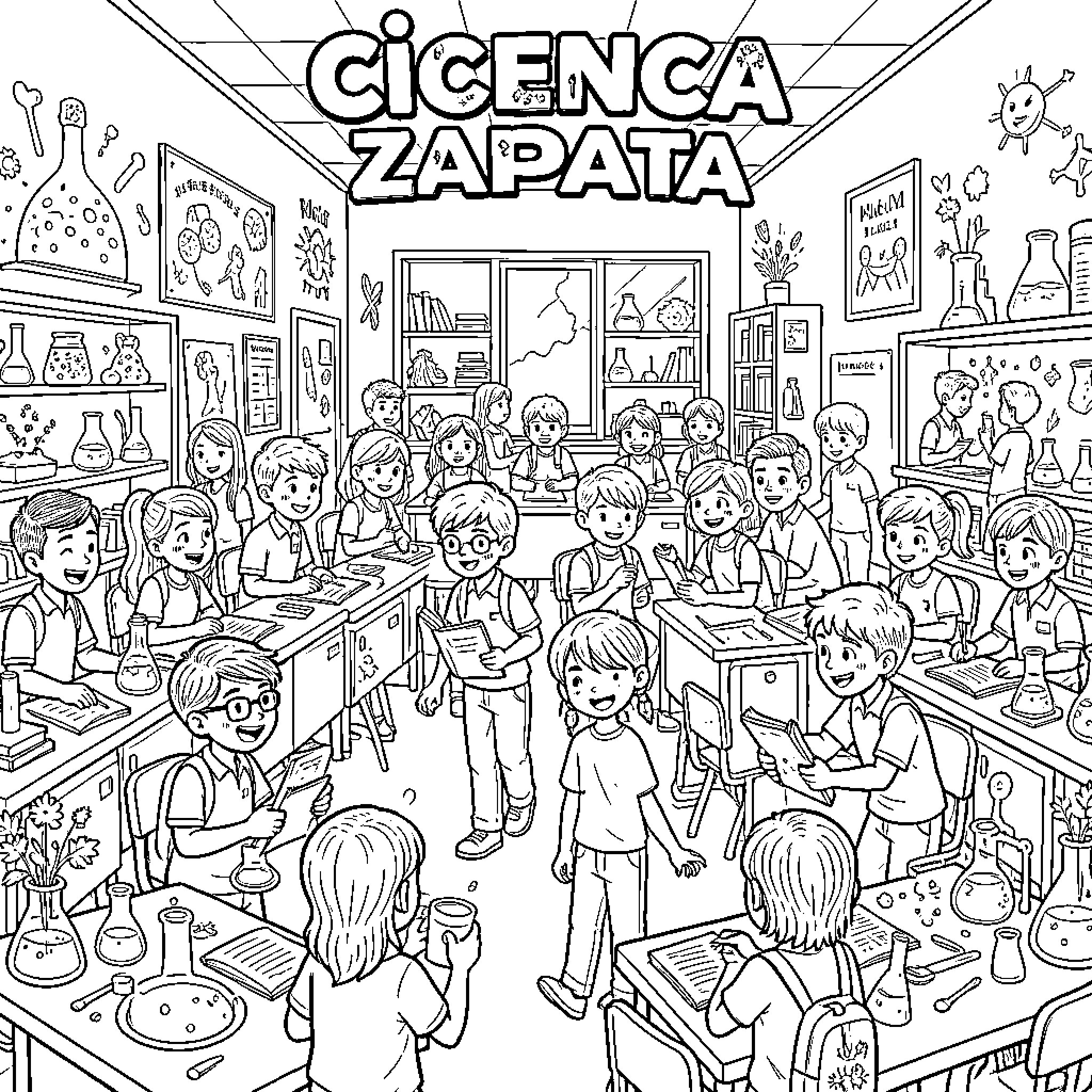 Ciencia Zapata: Students engaged in scientific activities Coloring Page (free black-and-white line drawing printable PDF for all, from beginners to advanced learners, including children, teens, adults, and seniors)